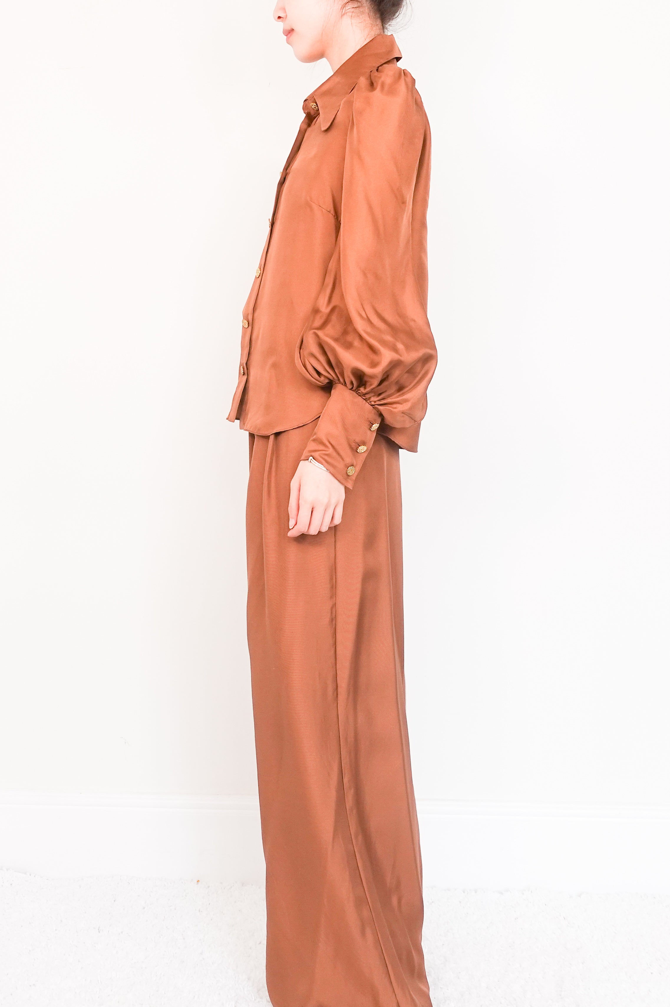 brown silk trouser suit