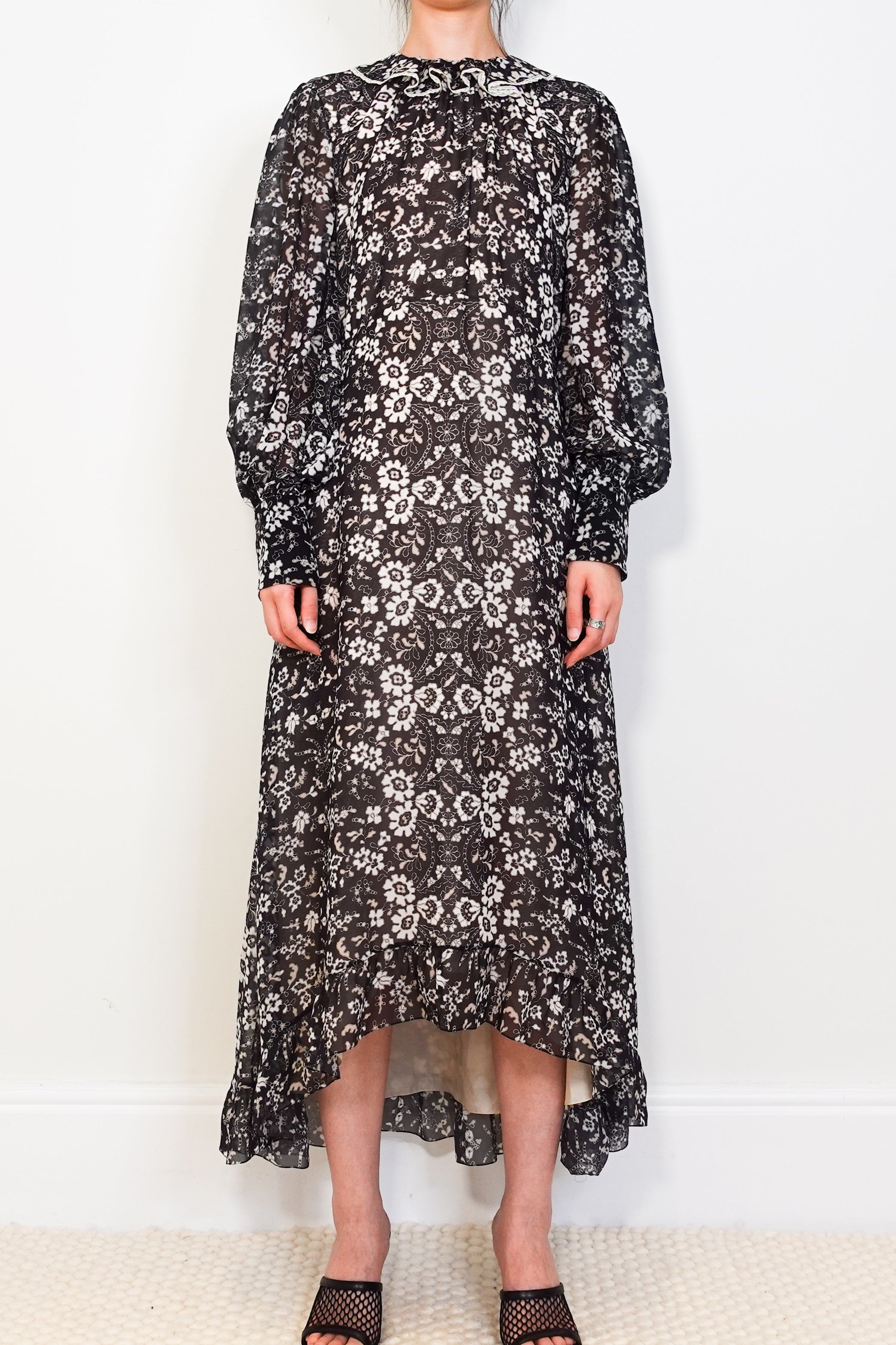 Floral black midi dress lace collar RRP £350