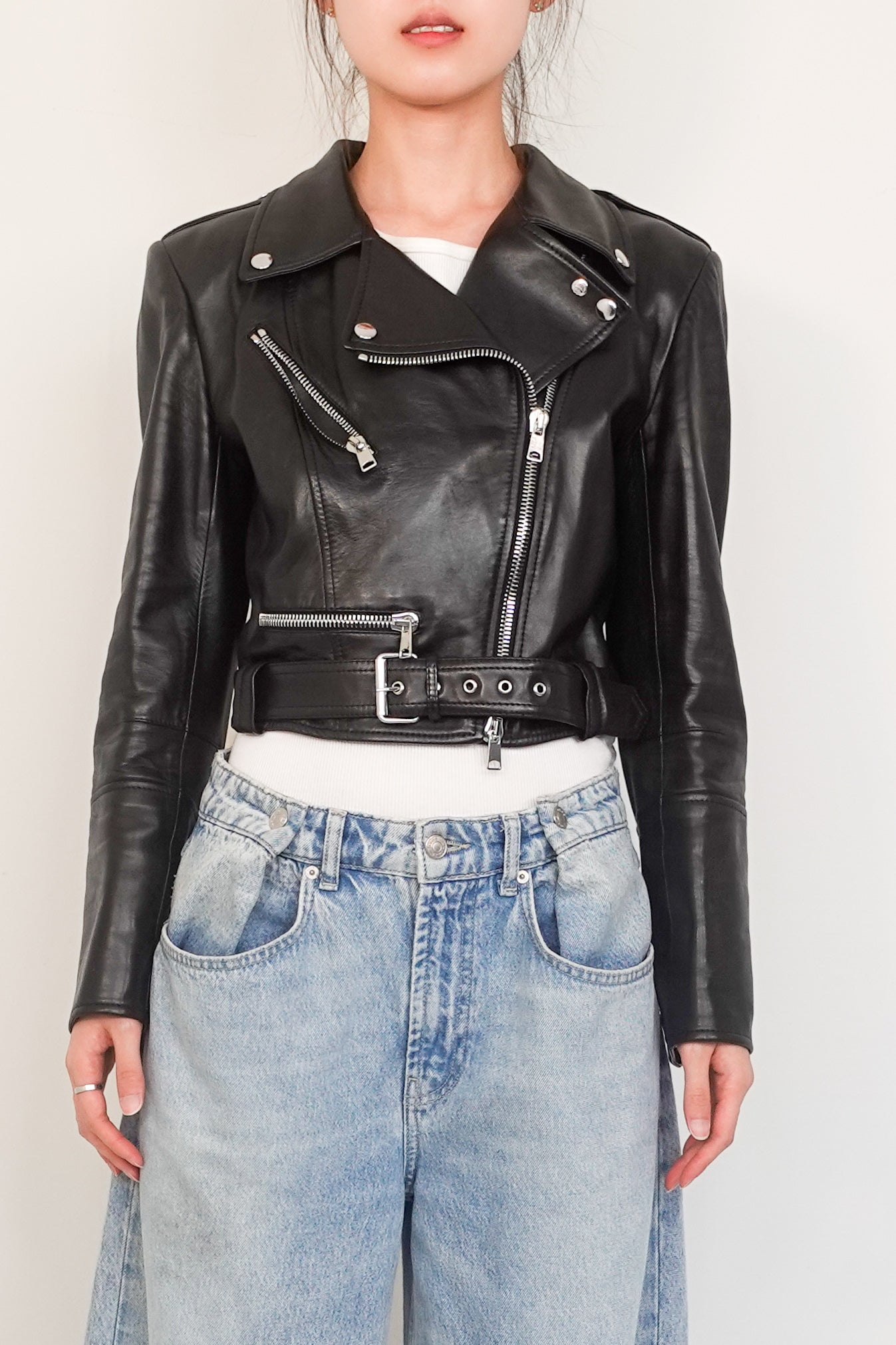 Cropped belted leather biker jacket RRP £3490