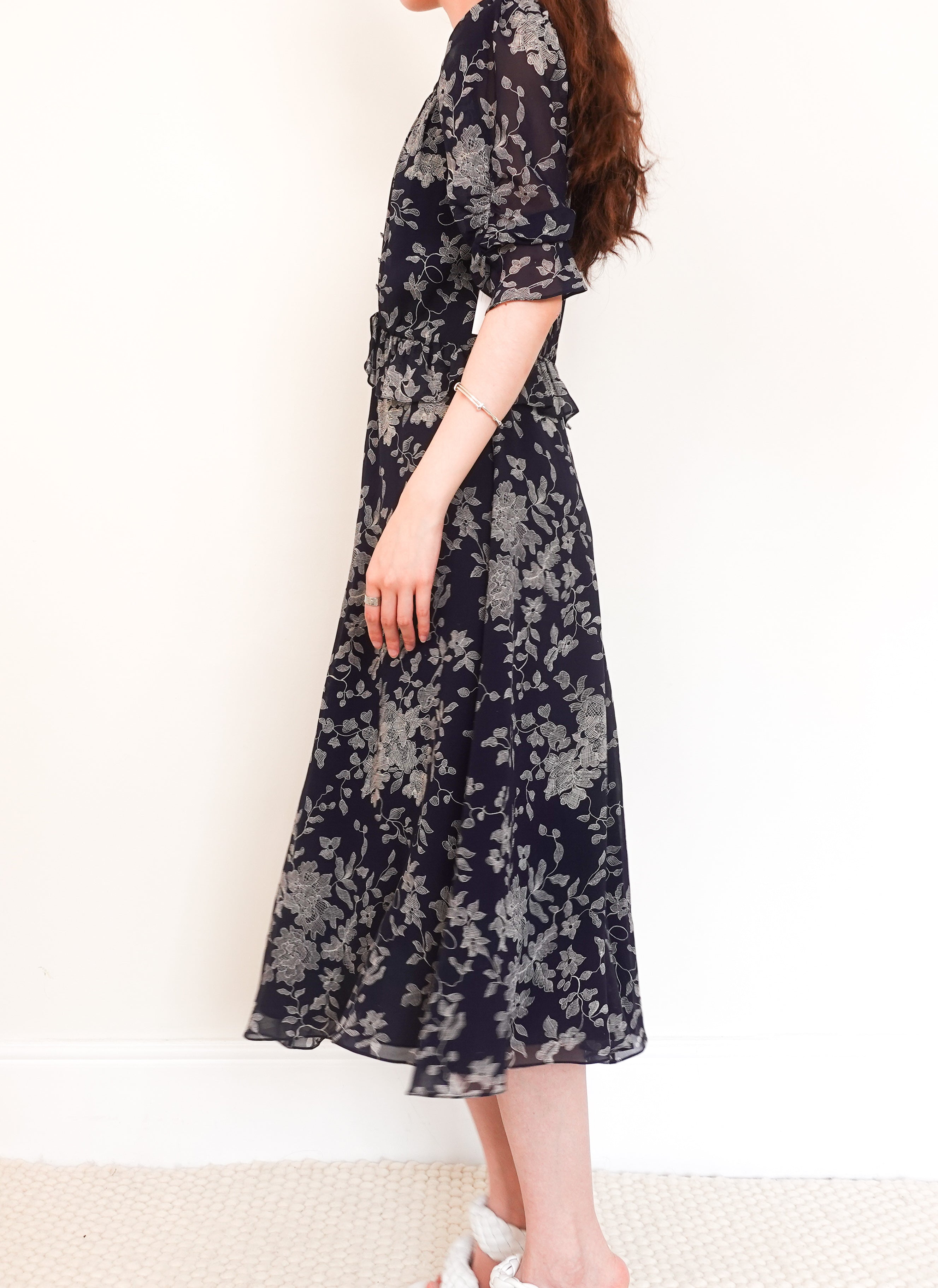 Navy blue floral midi dress