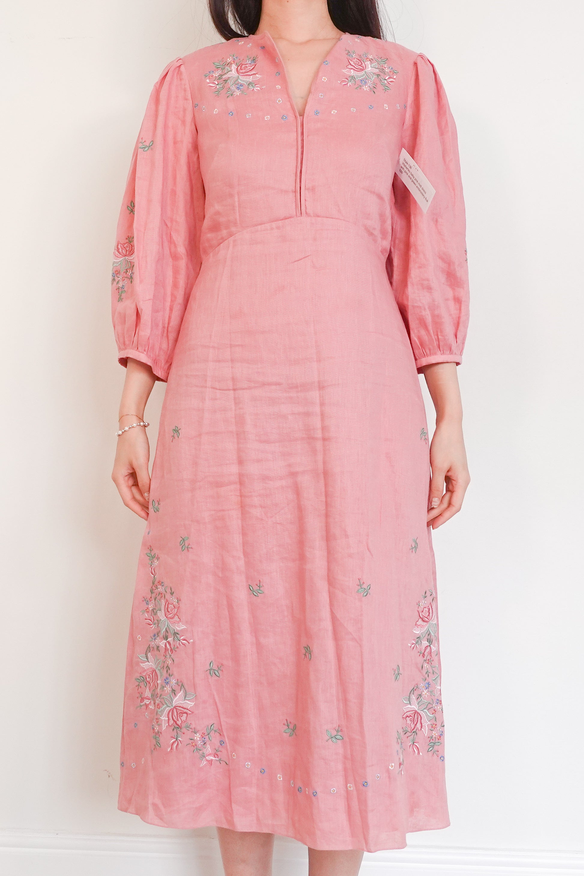 Pink midi embroidery linen dress RRP £450