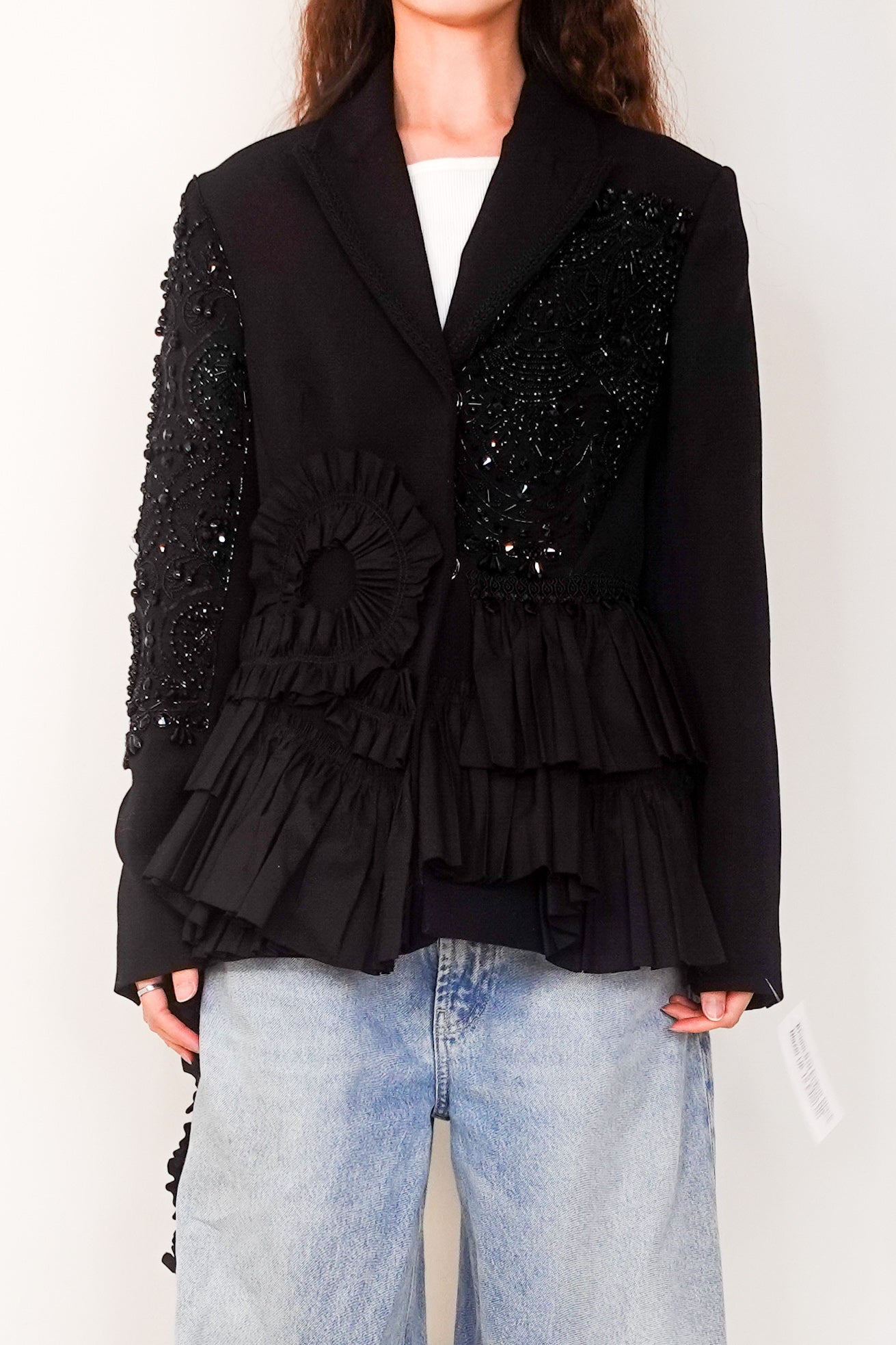 New black beaded ruffle wool jacket RRP £1.7K