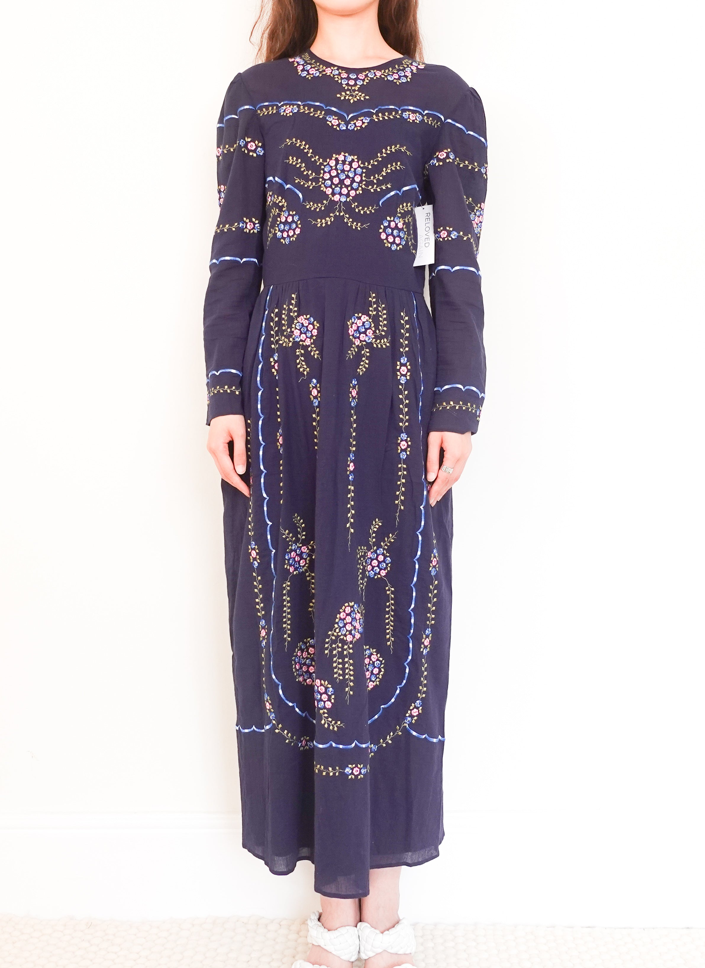 Navy blue floral midi dress with embroidery