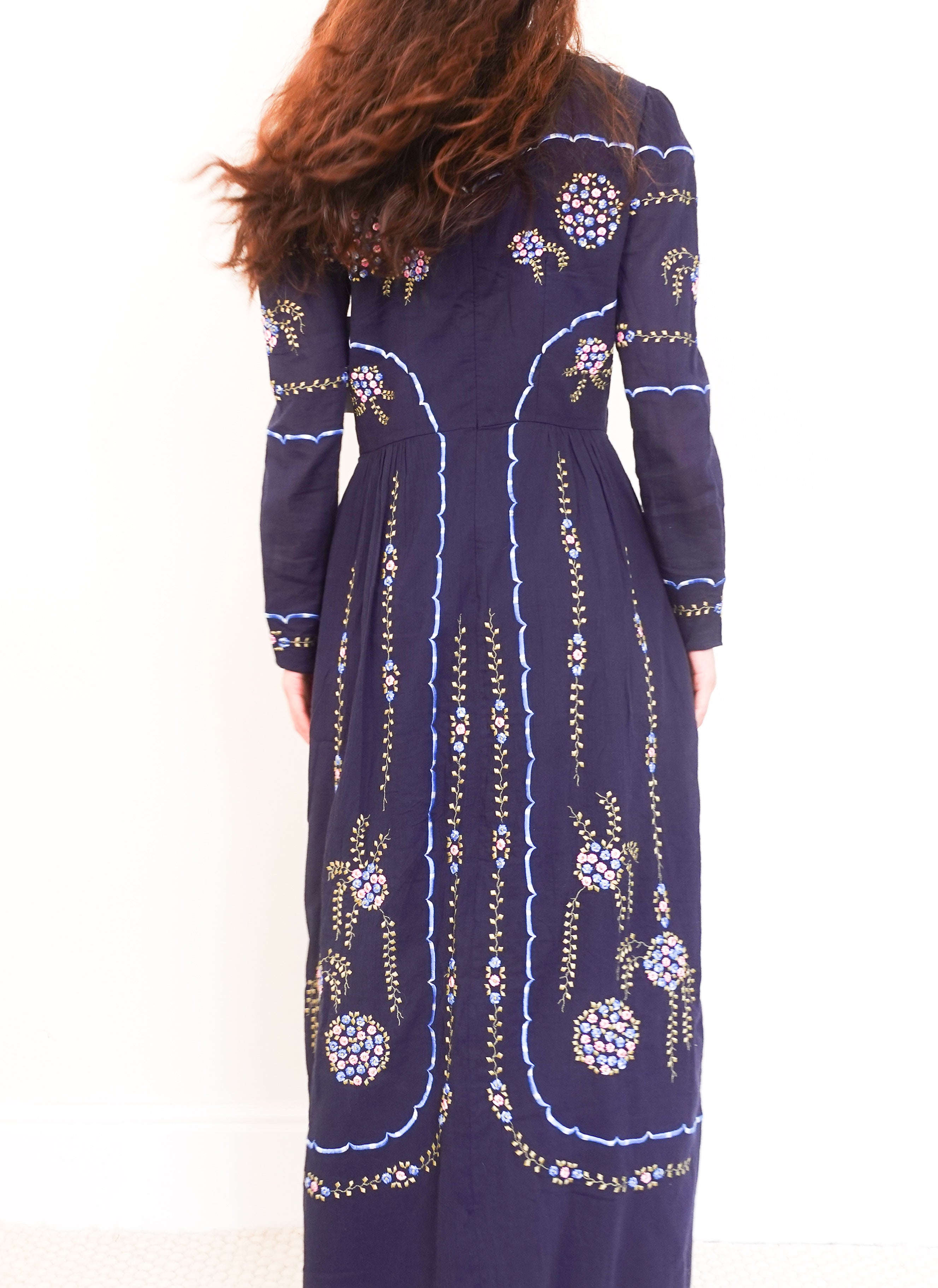 Navy blue floral midi dress with embroidery