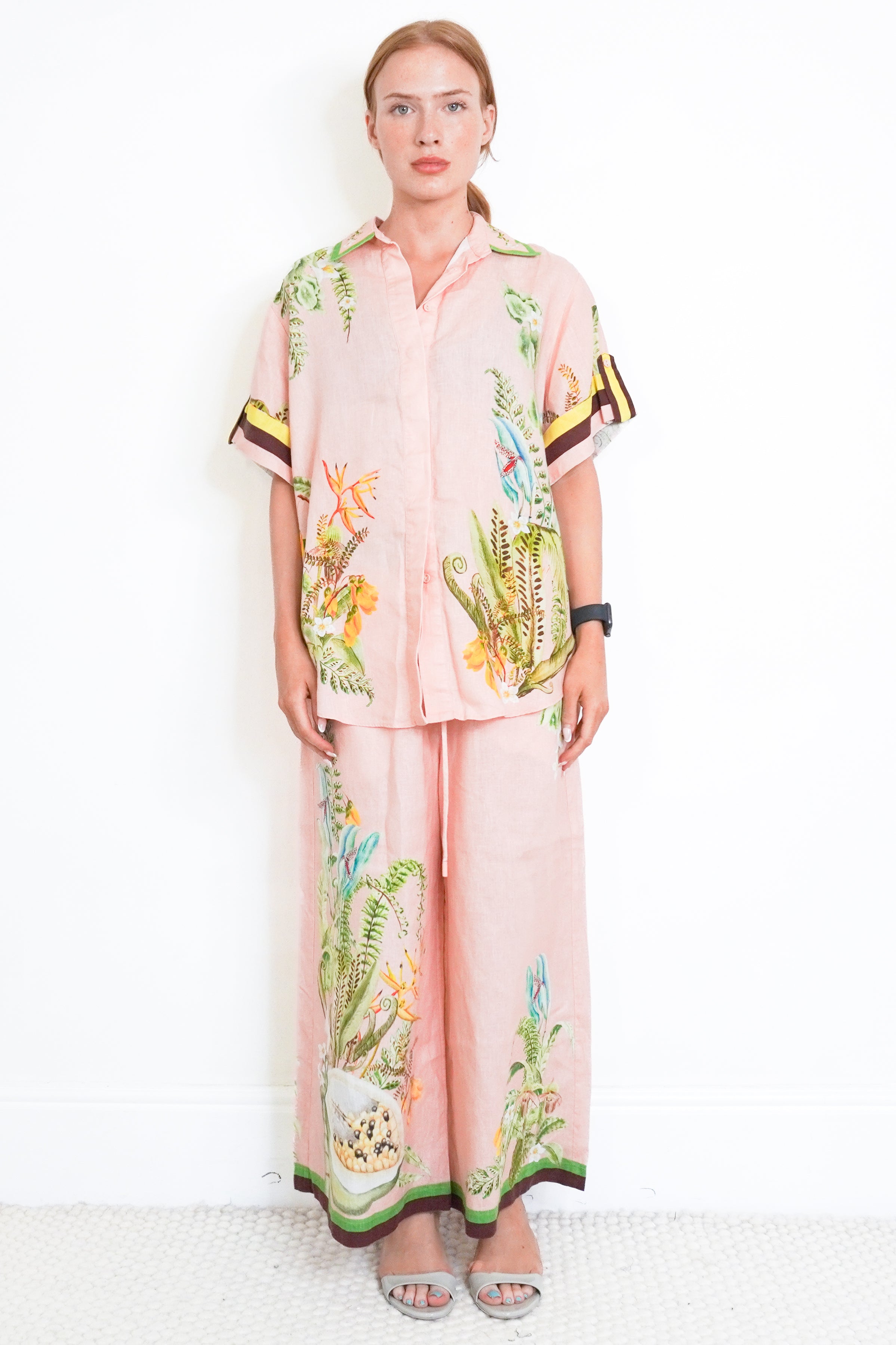 ALEMAIS Pink Papaya Shirt & Pant Linen Set front photo chelsea london