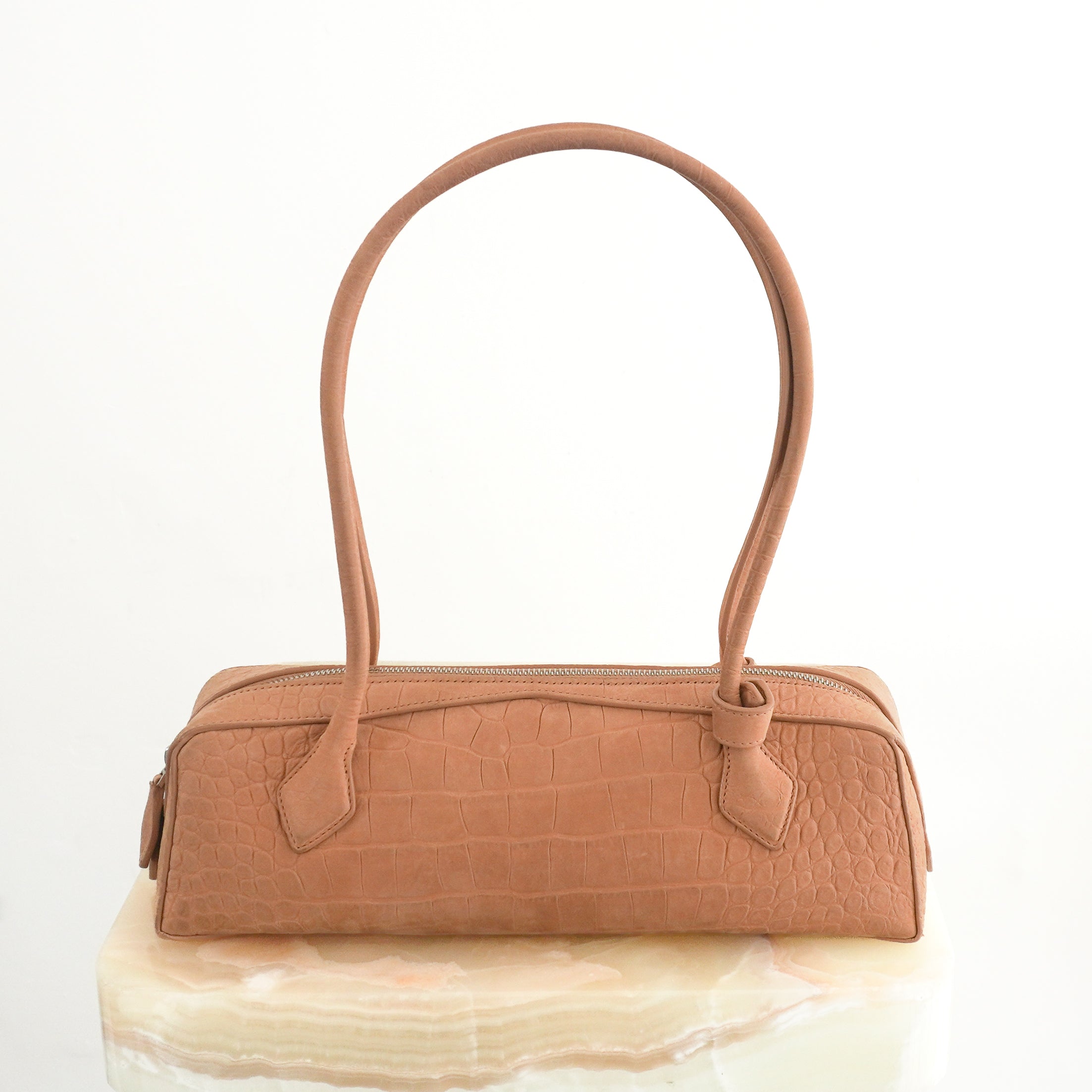 Alaïa Le Teckel Medium Croc-Embossed Suede Shoulder Bag Beige back photo chelsea london