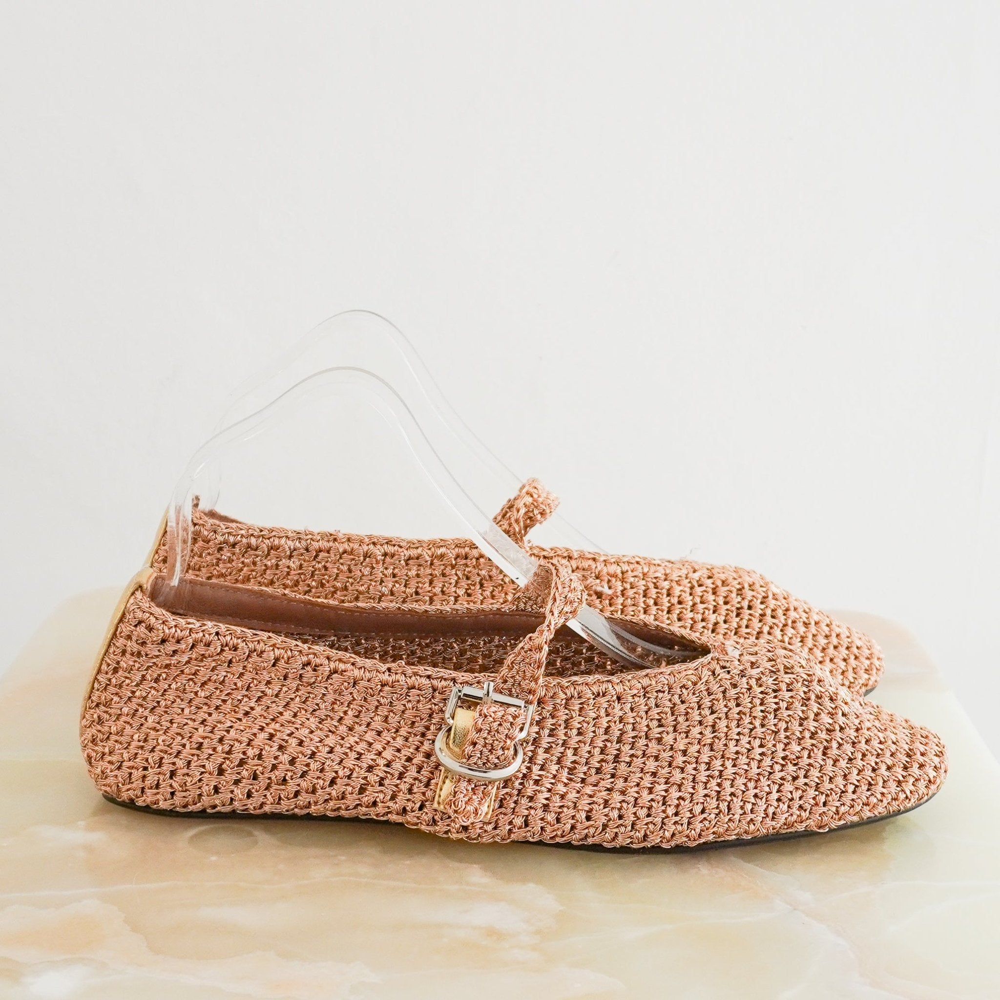 Alaïa Rose Gold Woven Raffia Flats RRP £1190 | Authentic Preloved - Reloved Again