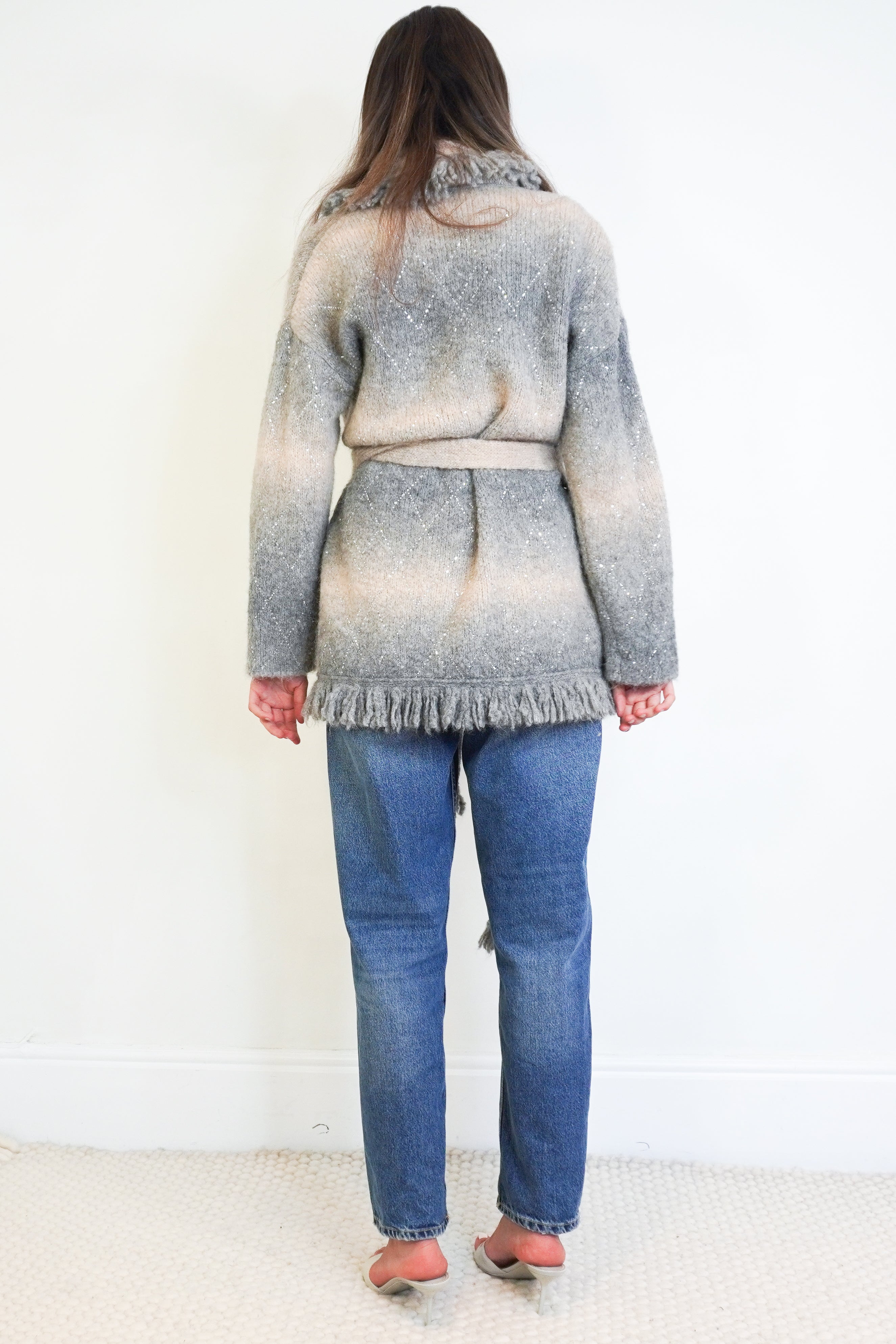 Alanui Ice Caves Crystal Belted Cardigan in Grey back photo chelsea london