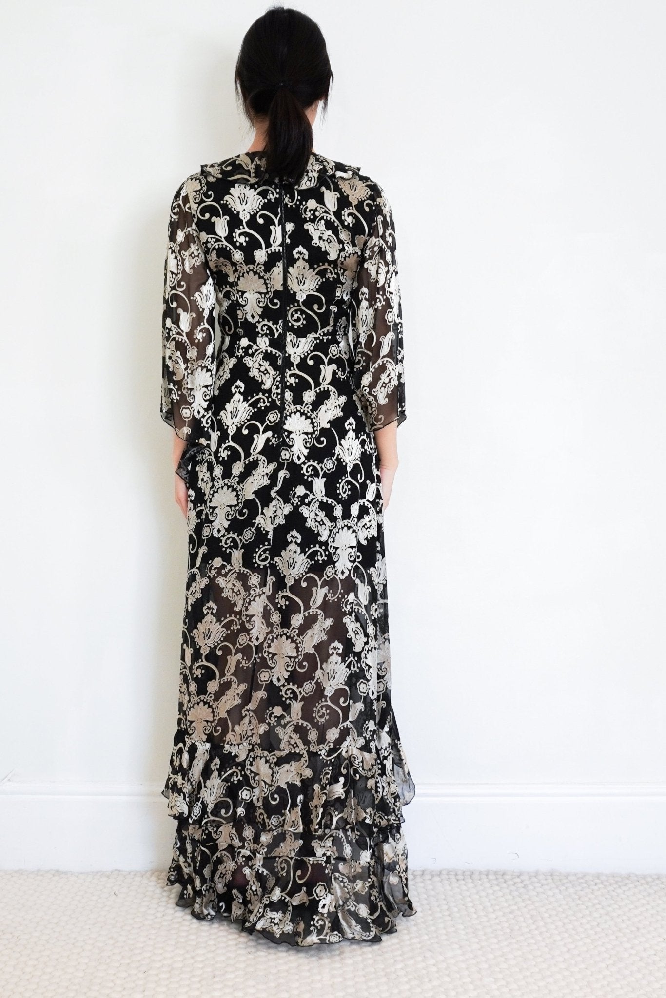 Alice+Olivia-Black-Floral-Ruffle-Gown-back-picture-Chelsea-London