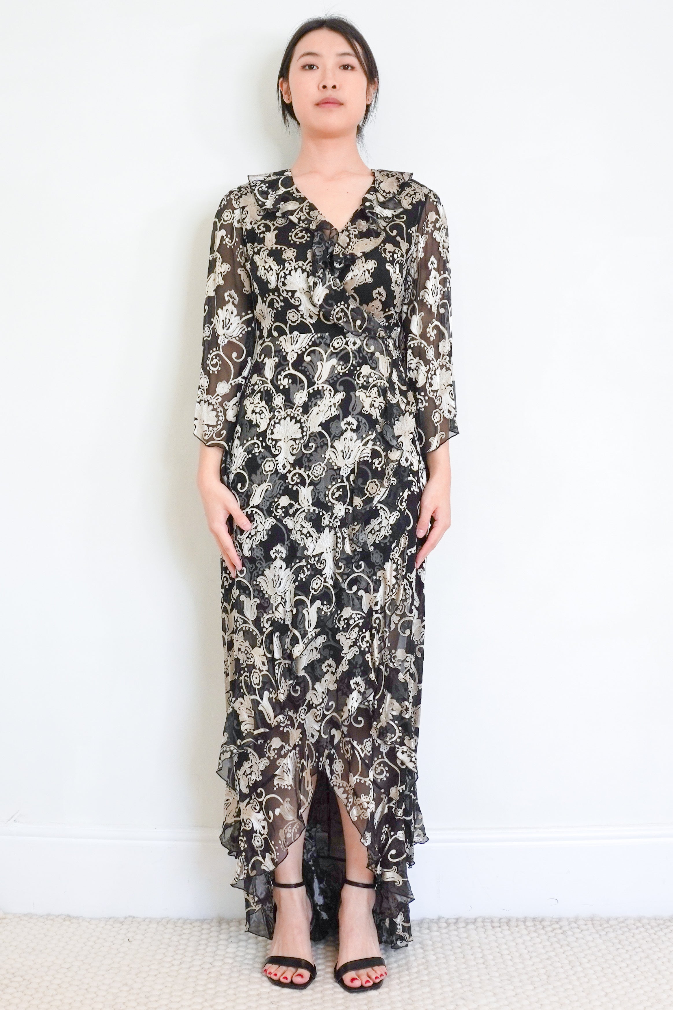 Alice+Olivia-Black-Floral-Ruffle-Gown-front-picture-Chelsea-London