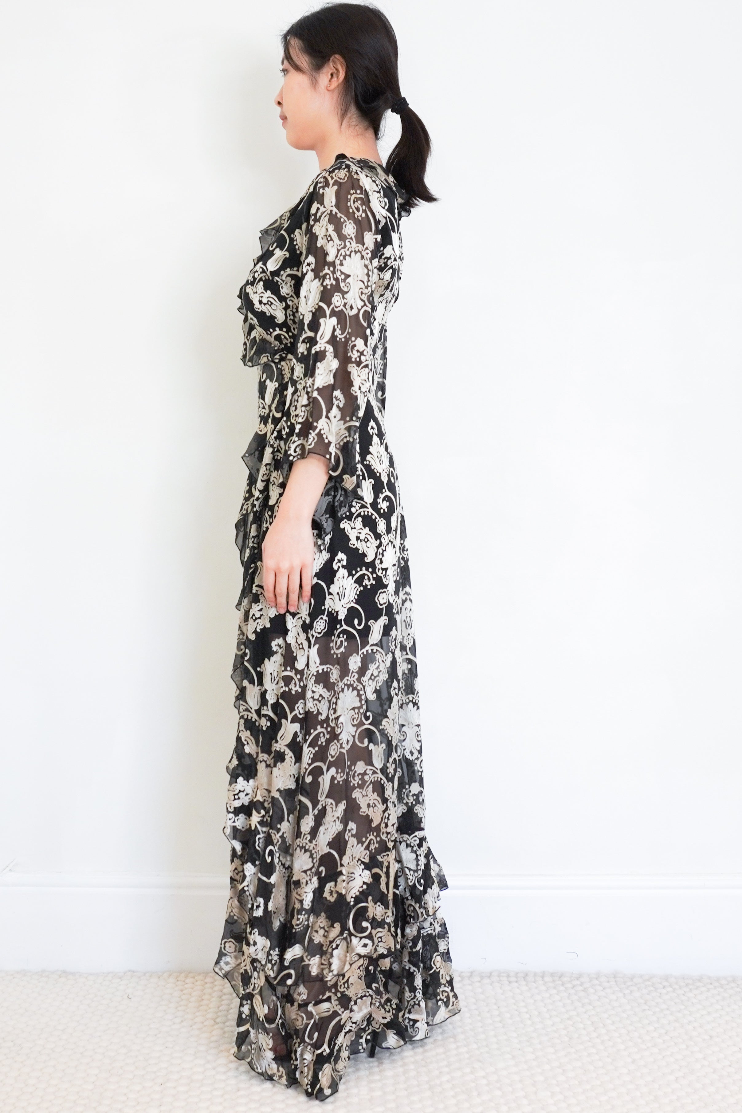 Alice+Olivia-Black-Floral-Ruffle-Gown-side-picture-Chelsea-London