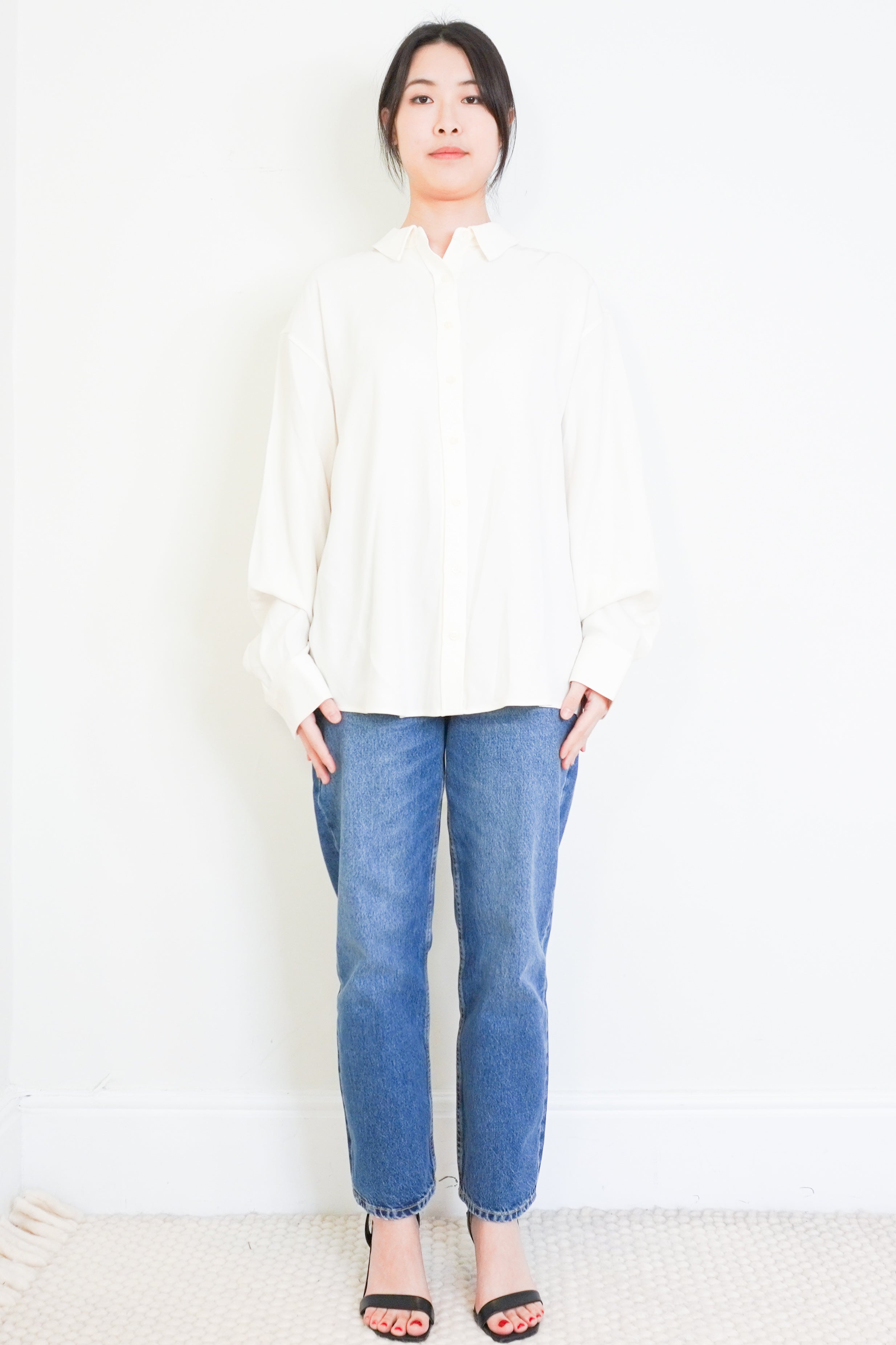 Anine-Bing-Cream-Satin-Buttoned-Shirt-front-picture-Chelsea-London