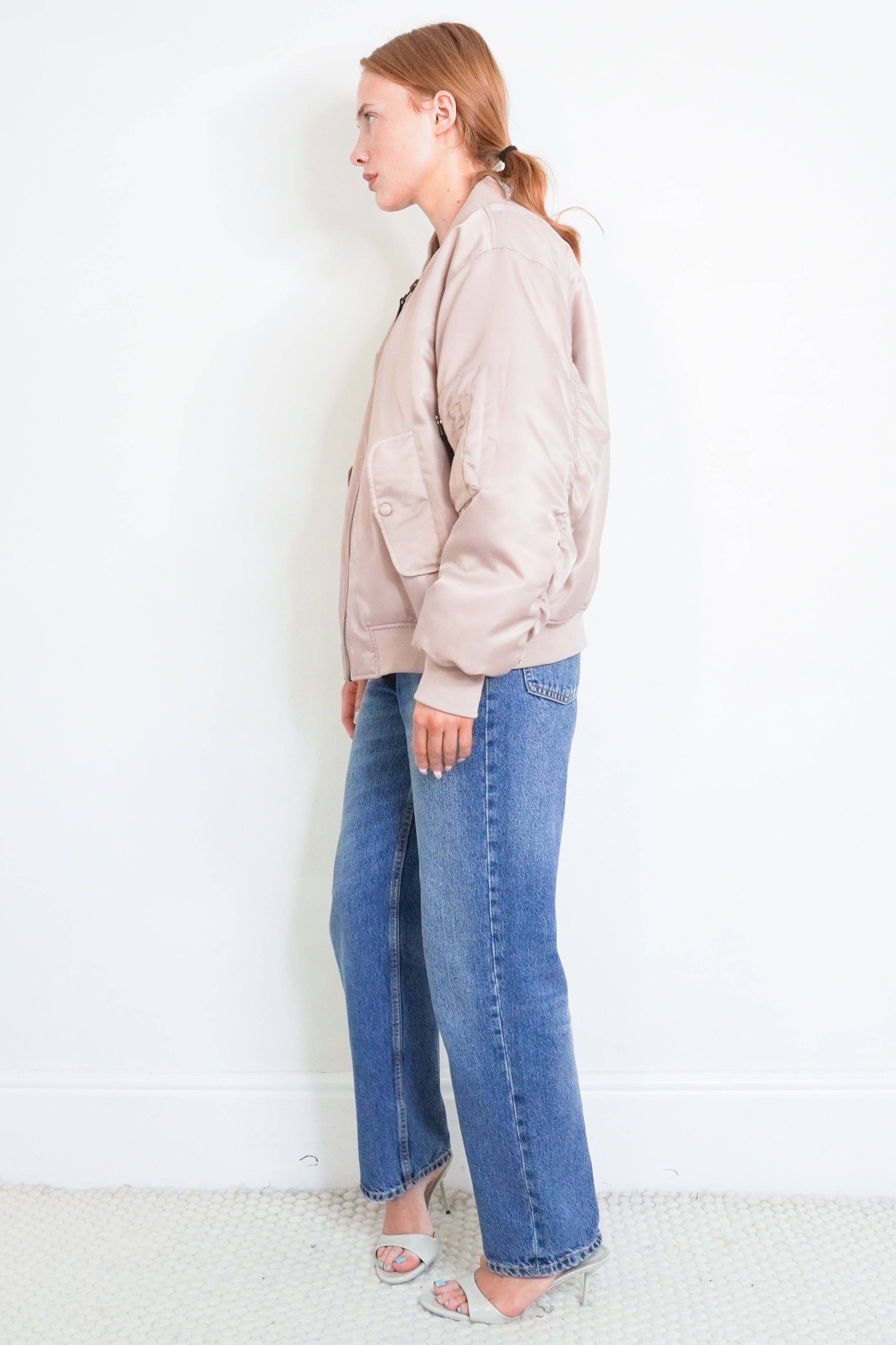 Anine Bing Leon Satin Bomber Jacket – Champagne Beige side photo chelsea london