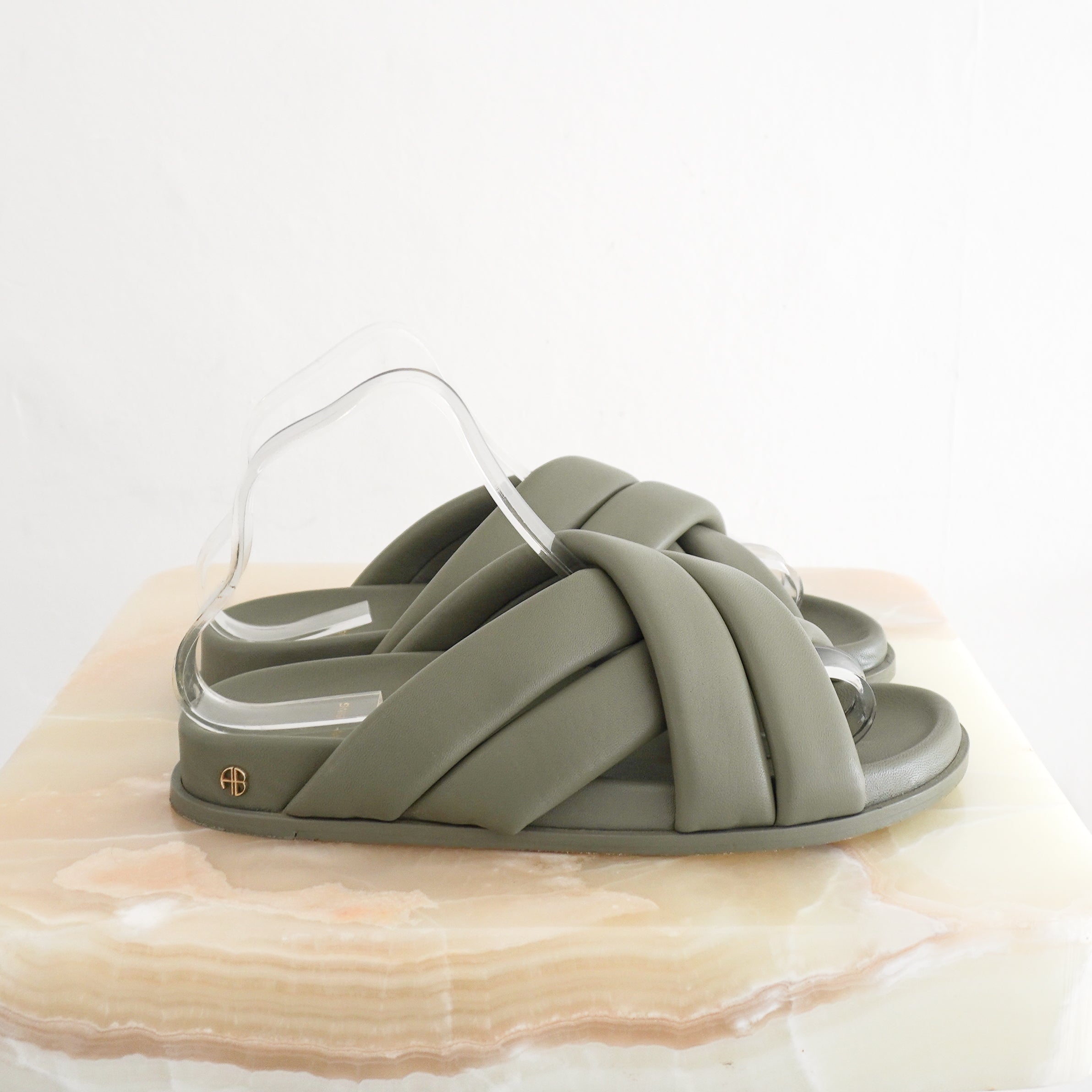 Anine Bing Padded Leather Slides in Sage Green side photo chelsea london