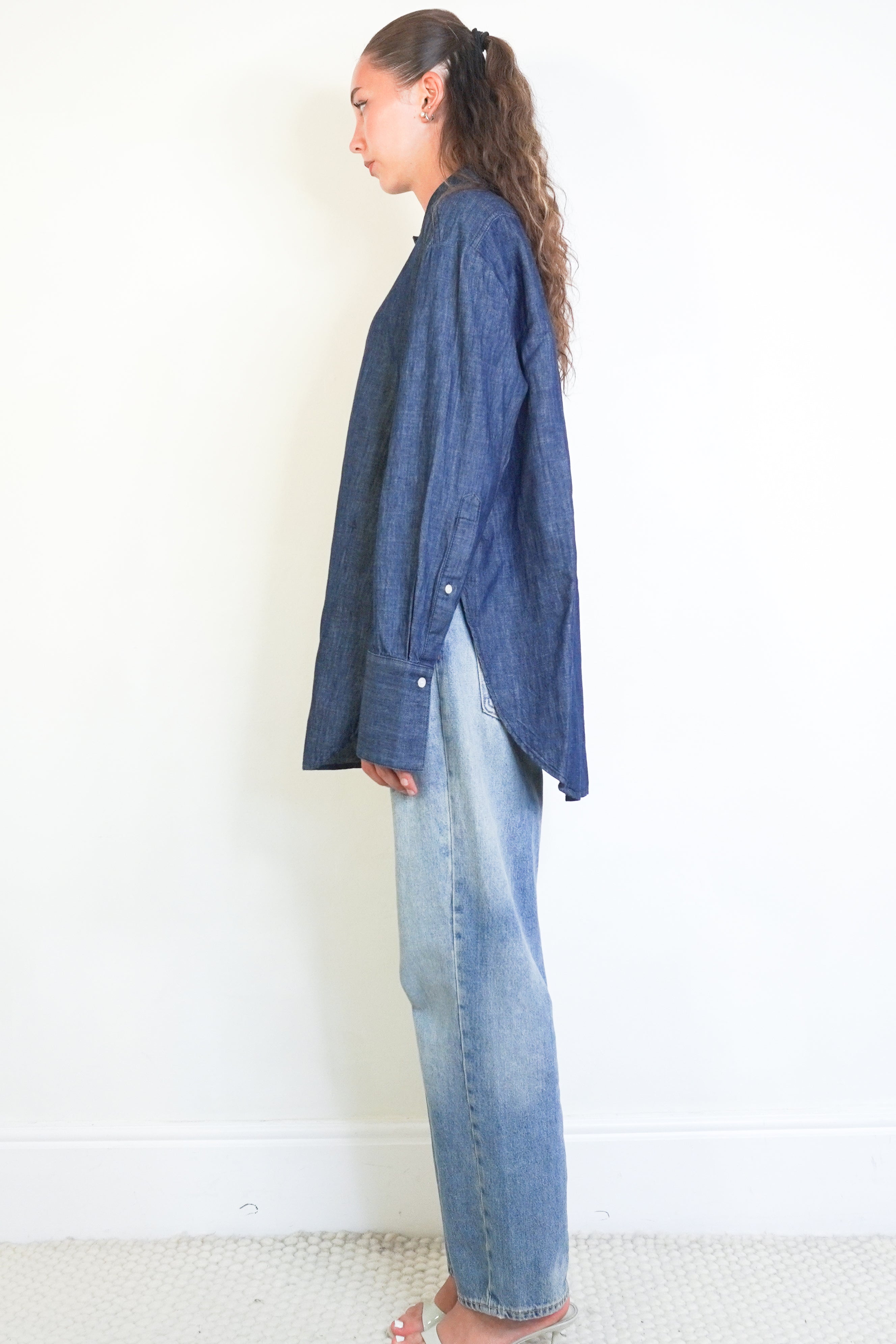 Another Tomorrow Dark Indigo Denim Shirt side photo chelsea london