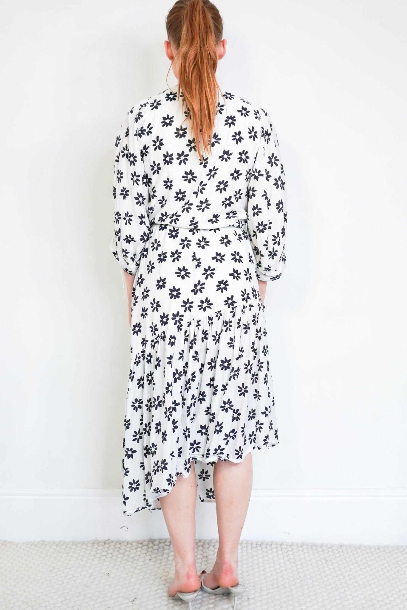 Apiece Apart White & Navy Floral Wrap Midi Dress (RRP £495) | Authentic Preloved - Reloved Again