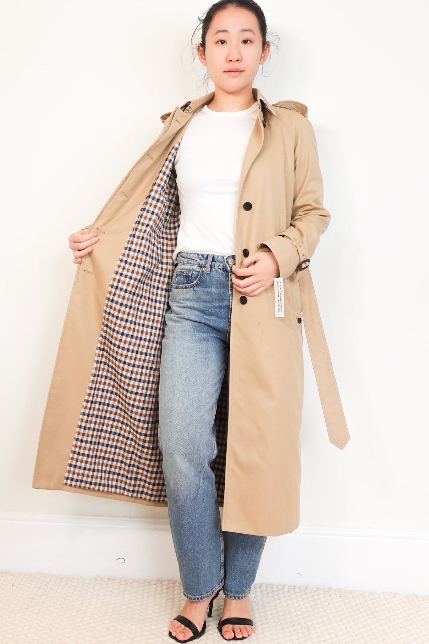 Aquascutum Beige Checkered Belted Trench Coat RRP £600 | Authentic Preloved - Reloved Again