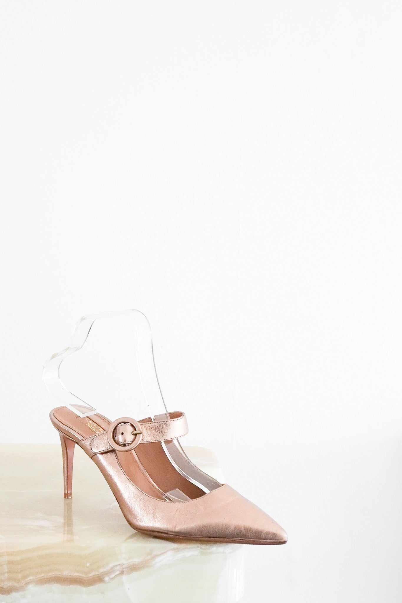 Aquazzura-Blossom-Point-Toe-Mules-in-Rose-Gold-front-picture-chelsea-london