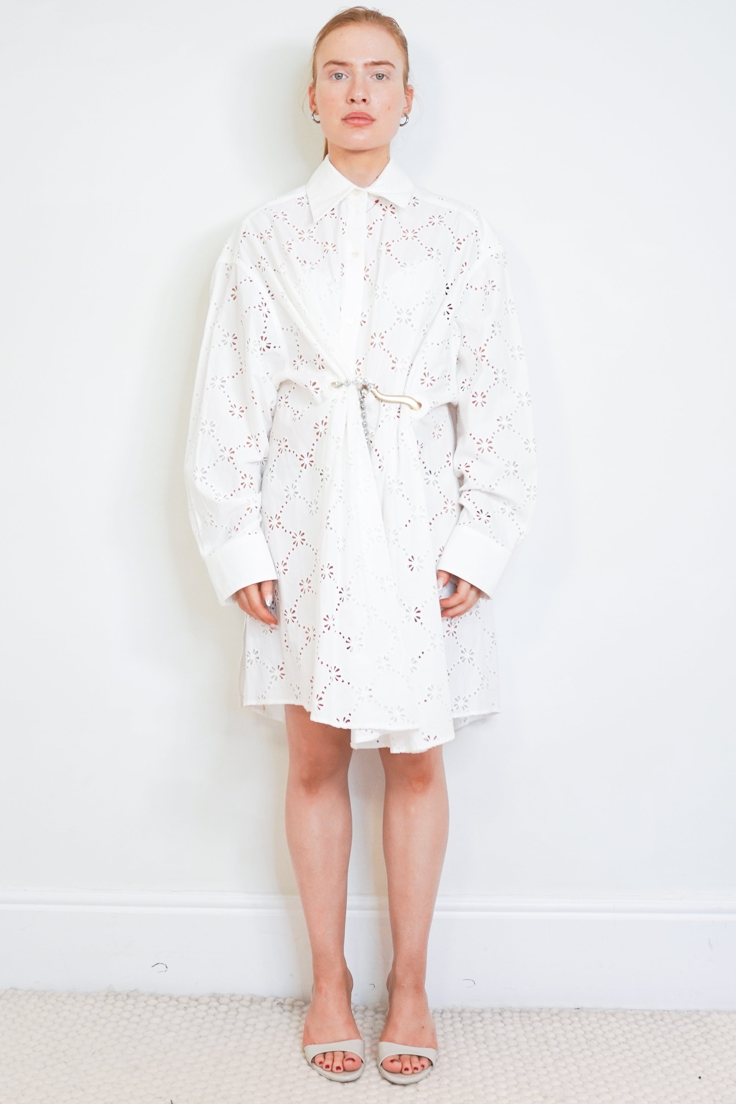 Area White Eyelet Cotton Shirt Dress front photo chelsea london