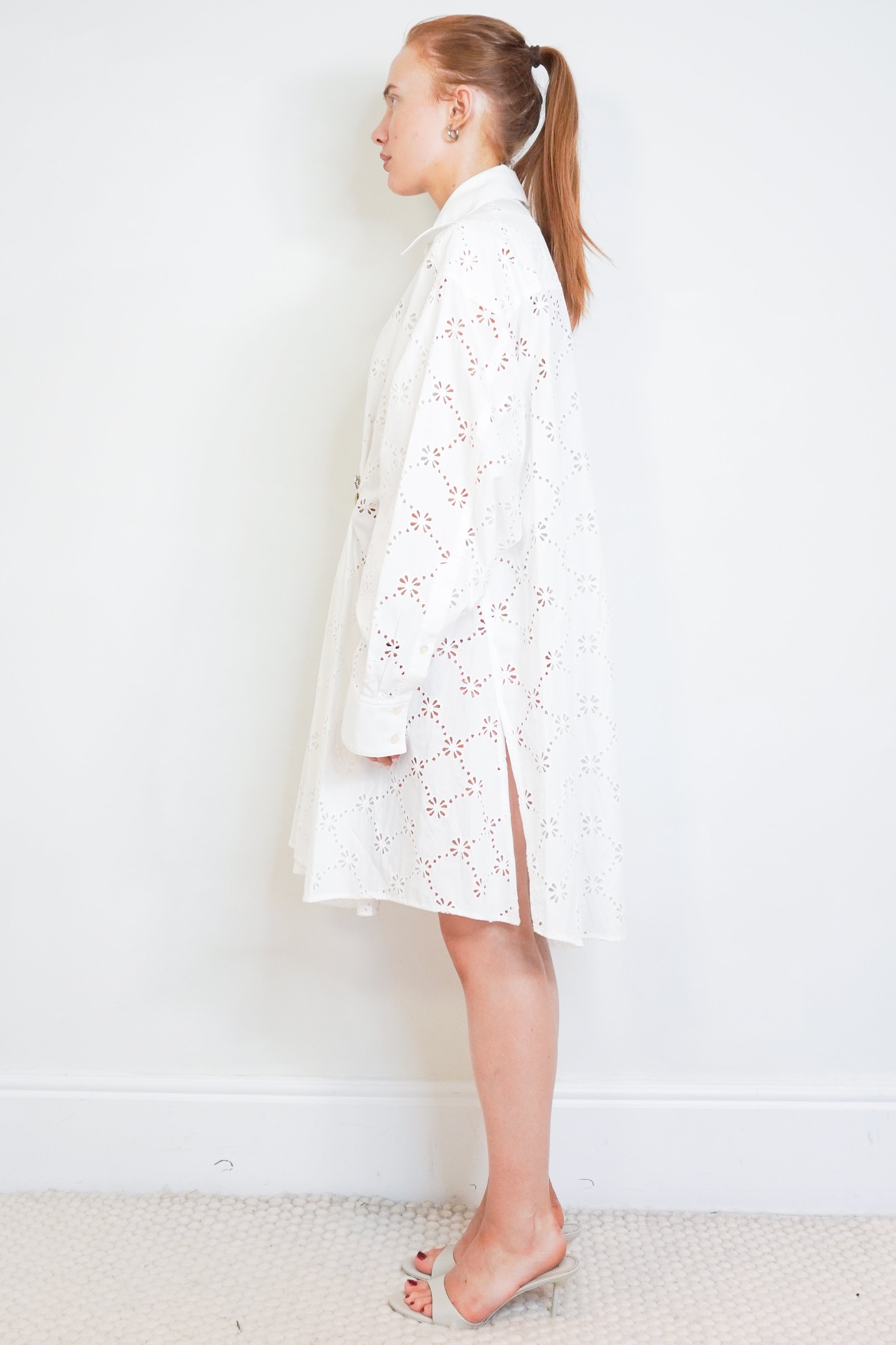 Area White Eyelet Cotton Shirt Dress side photo chelsea london