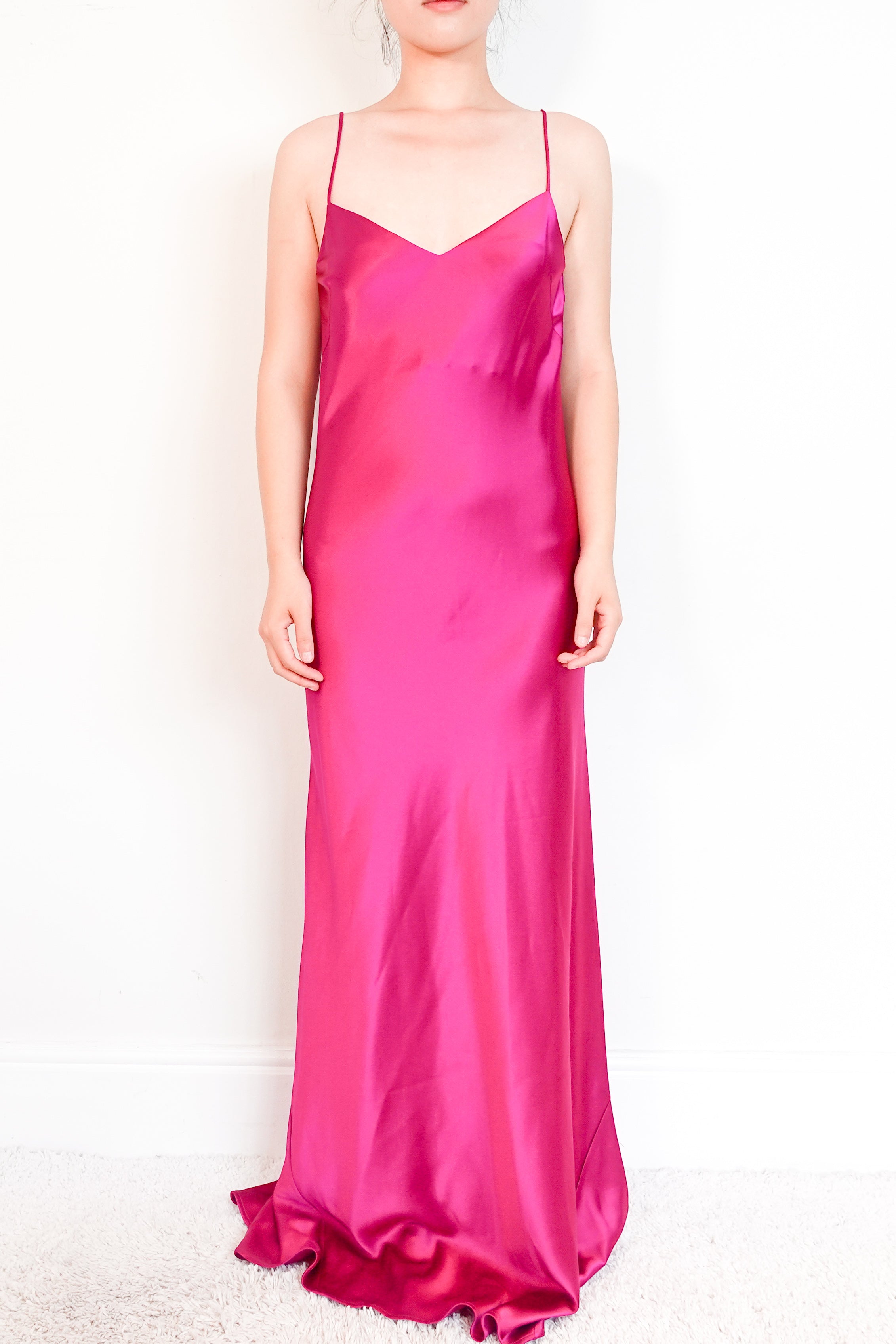 Authentic-Galvan-London-Satin-Magenta-Maxi-Dress-Front-Chelsea-London