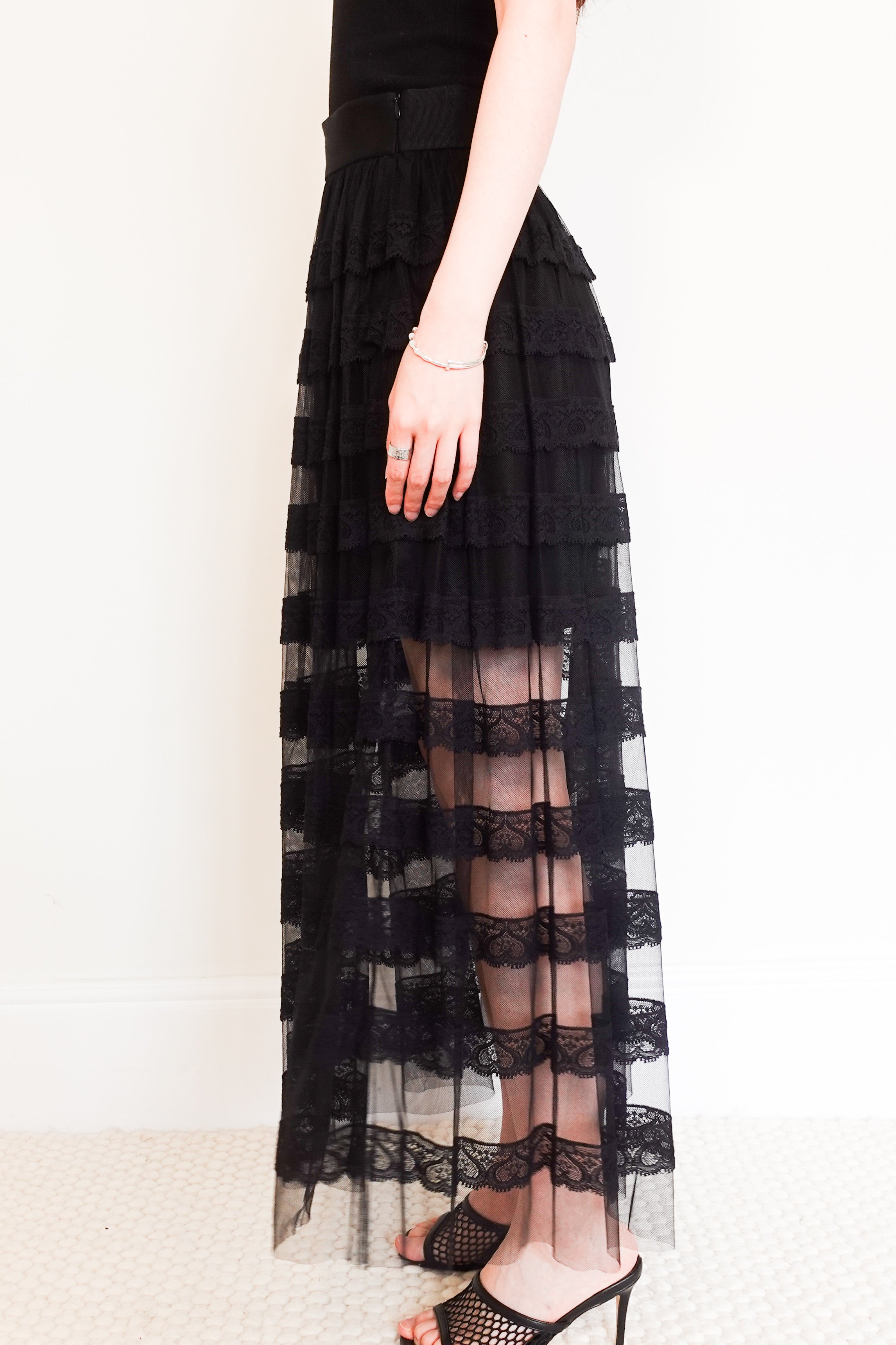 Tiered black lace skirt