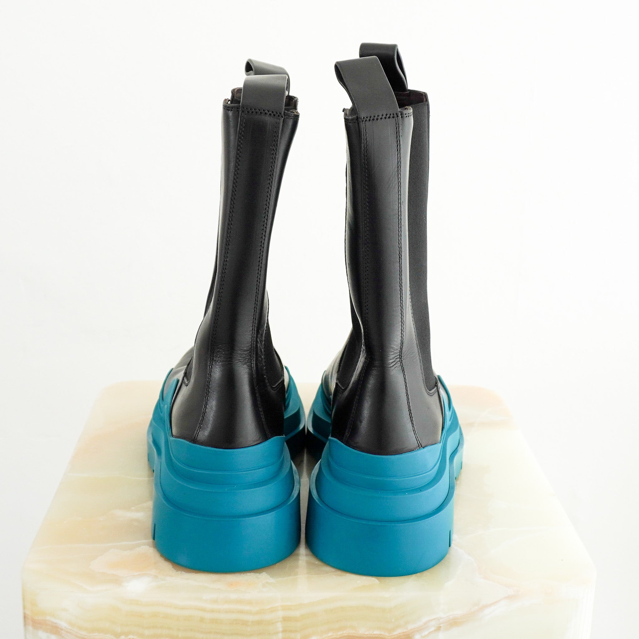BAck image Bottega Veneta Tire Chelsea Boots in Black Leather & Acid Turquoise 