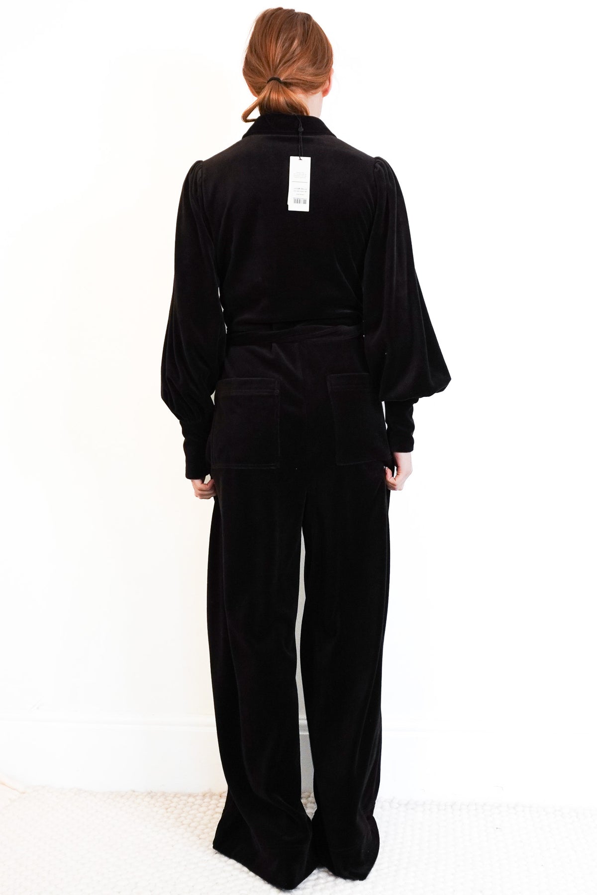 Back: Black Velvet Belted Wide-Leg Jumpsuit