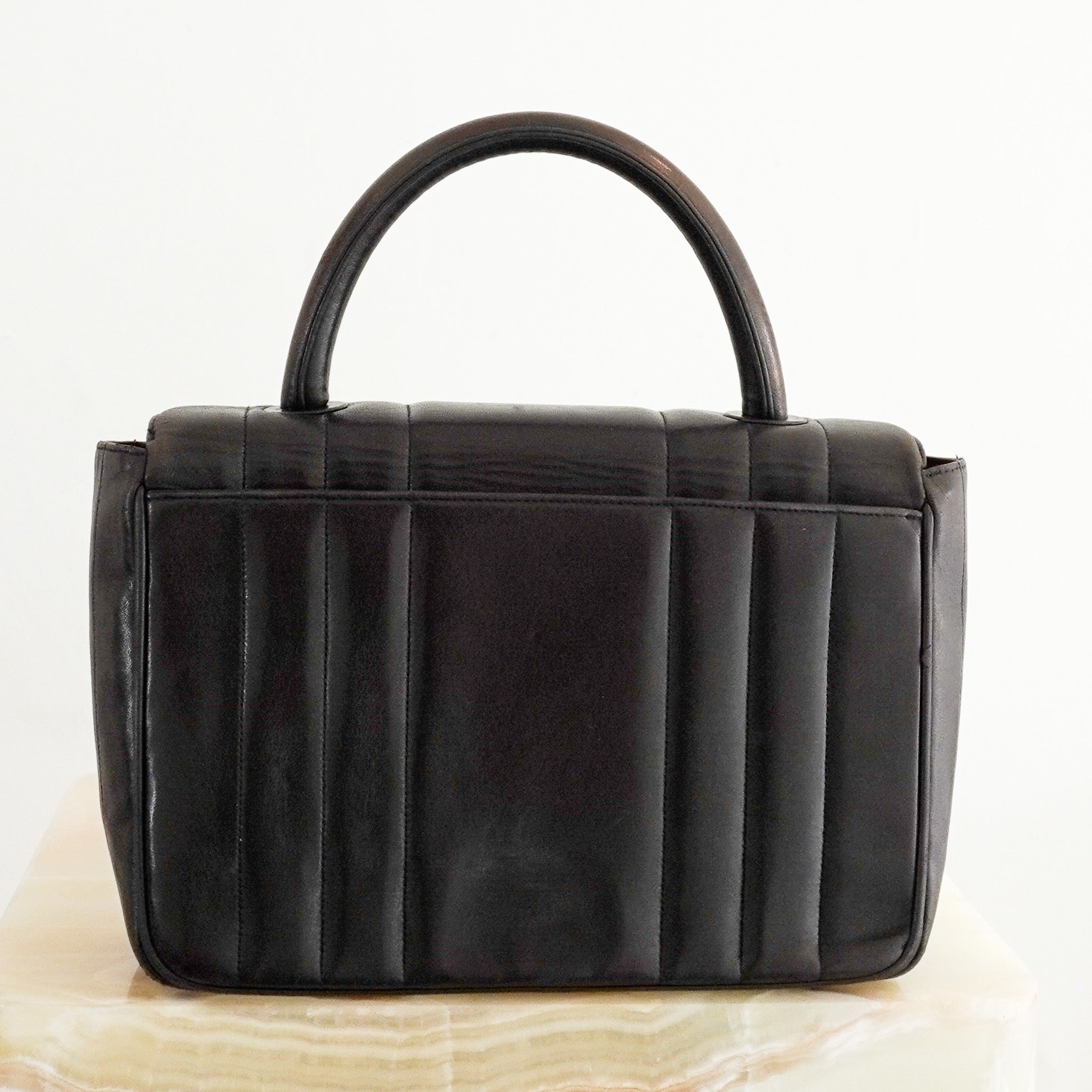 Back Chanel Vintage Mademoiselle Top Handle Bag in Dark Brown Lambskin Leather 