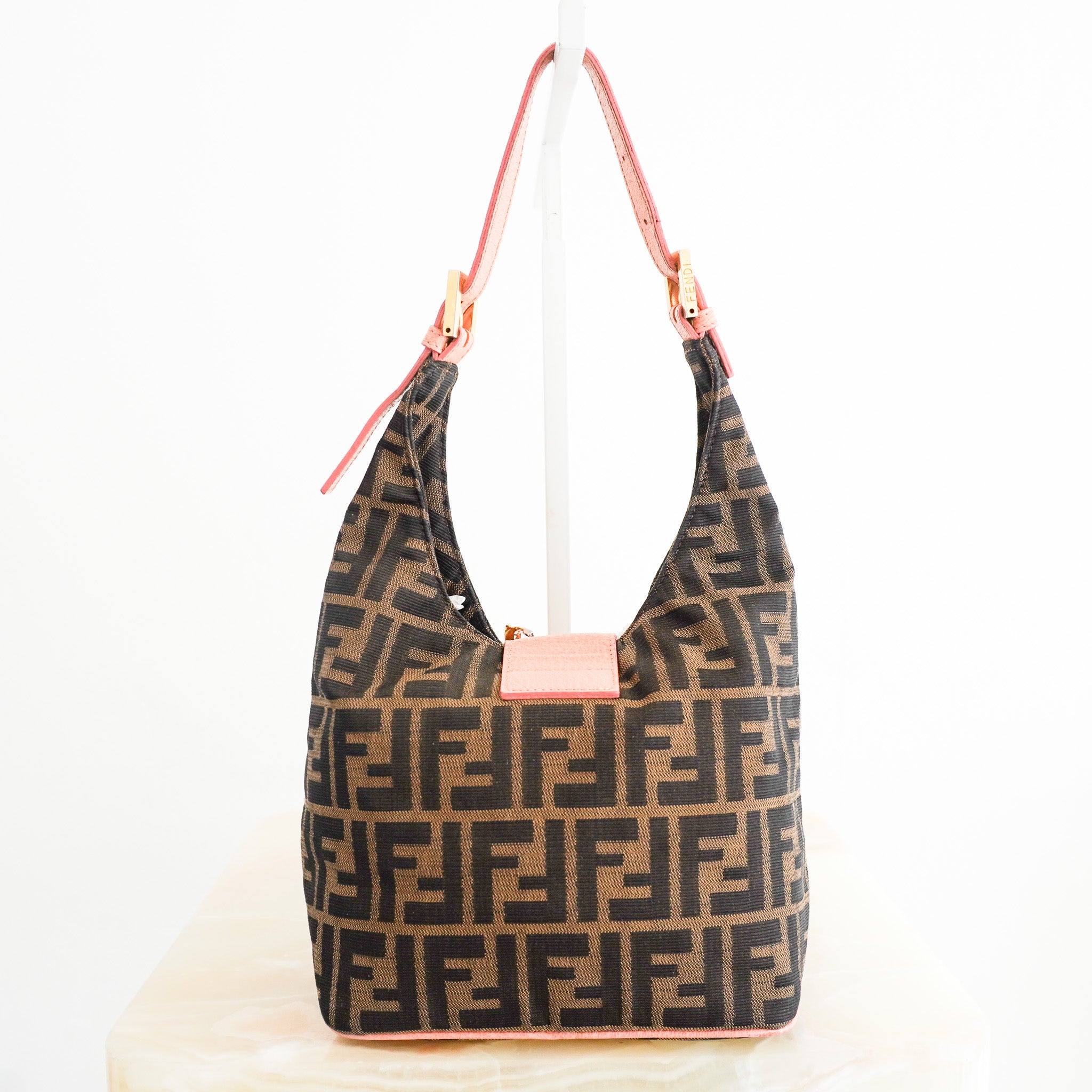 Fendi Round Flap Baguette Zucca Canvas Bag with Crystal Flower Buckle North South RRP (£2,200) | Authentic Preloved - Reloved Again