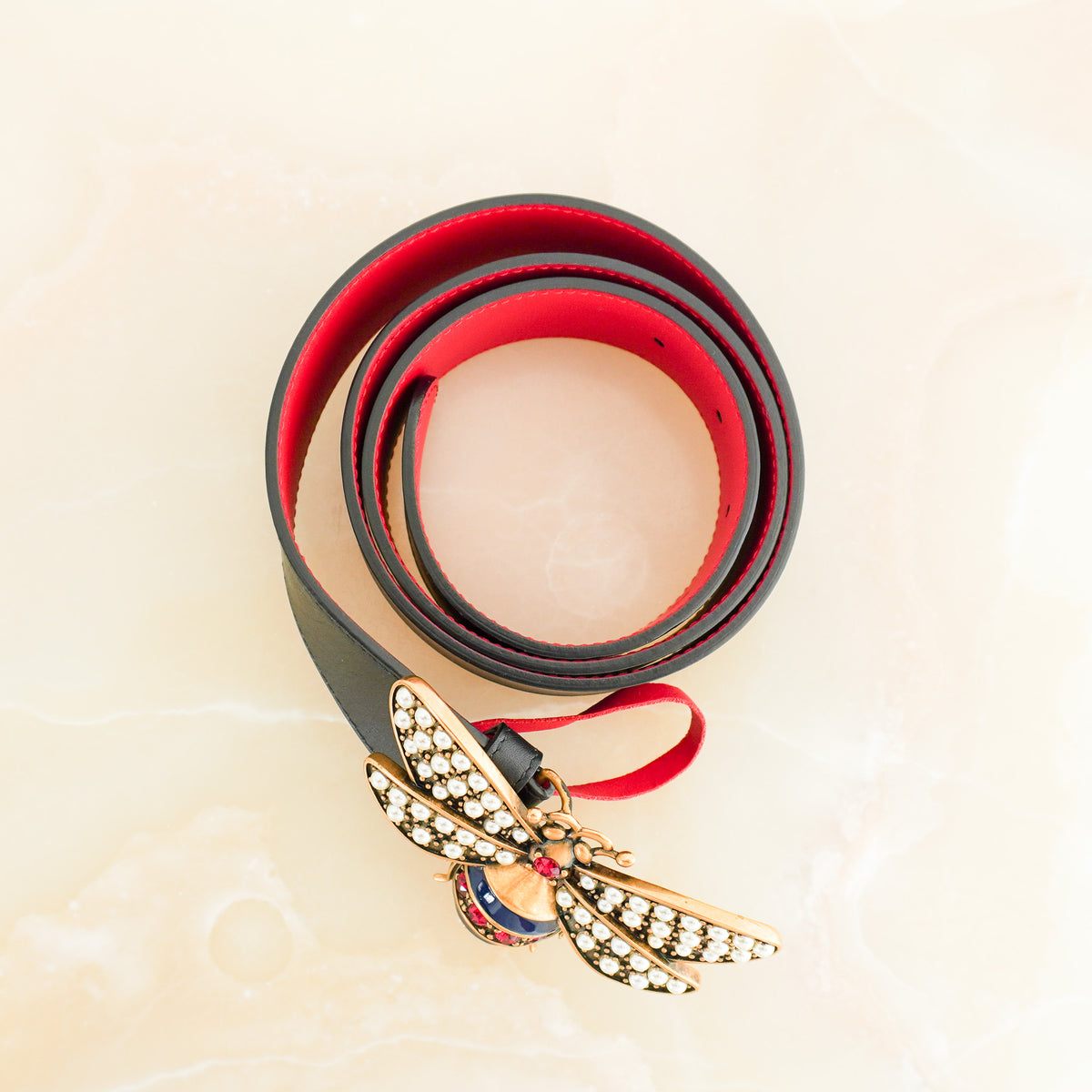 Back: Gucci Crystal Embellished Bee Buckle Belt