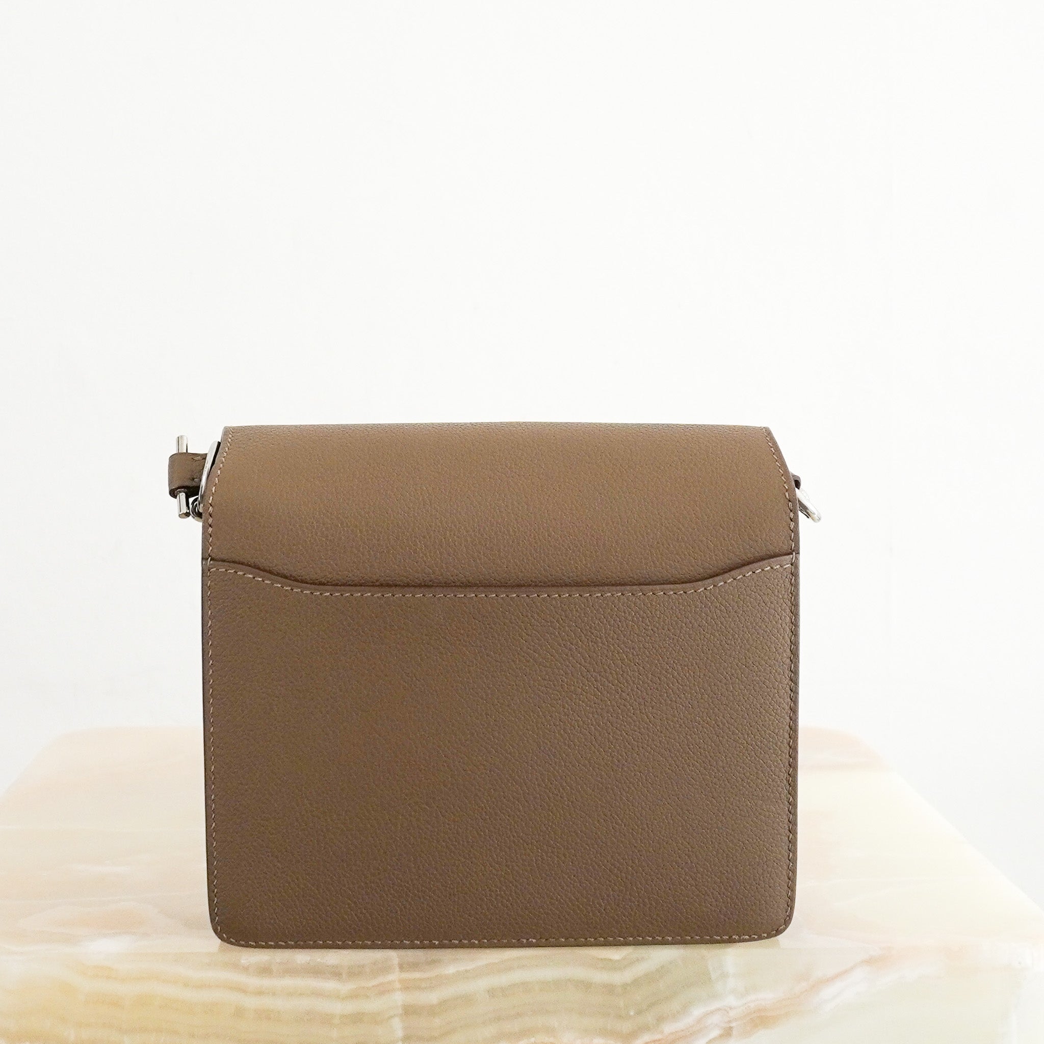 Back Hermès Mini Roulis 18 Bag in Etoupe with Palladium Hardware 