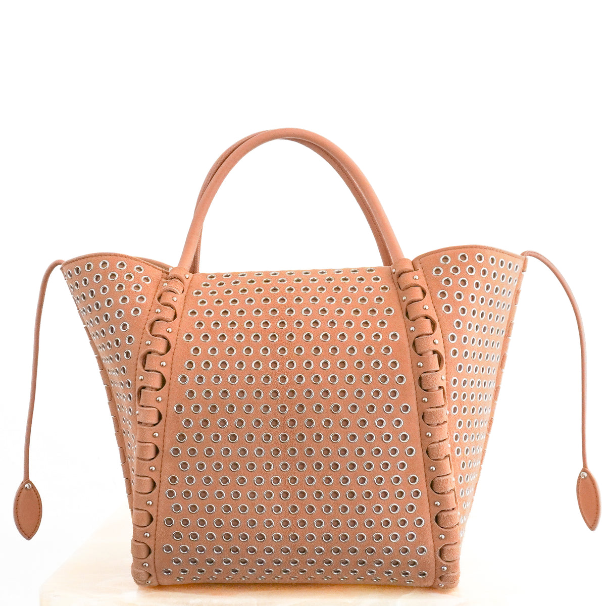Back Image: Alaïa Le Hinge Small Eyelet Tote Bag in Tan Suede