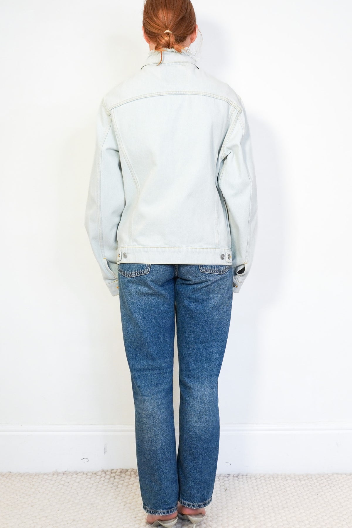 Back Image: Balenciaga Scarf Frayed Light Wash Denim Jacket
