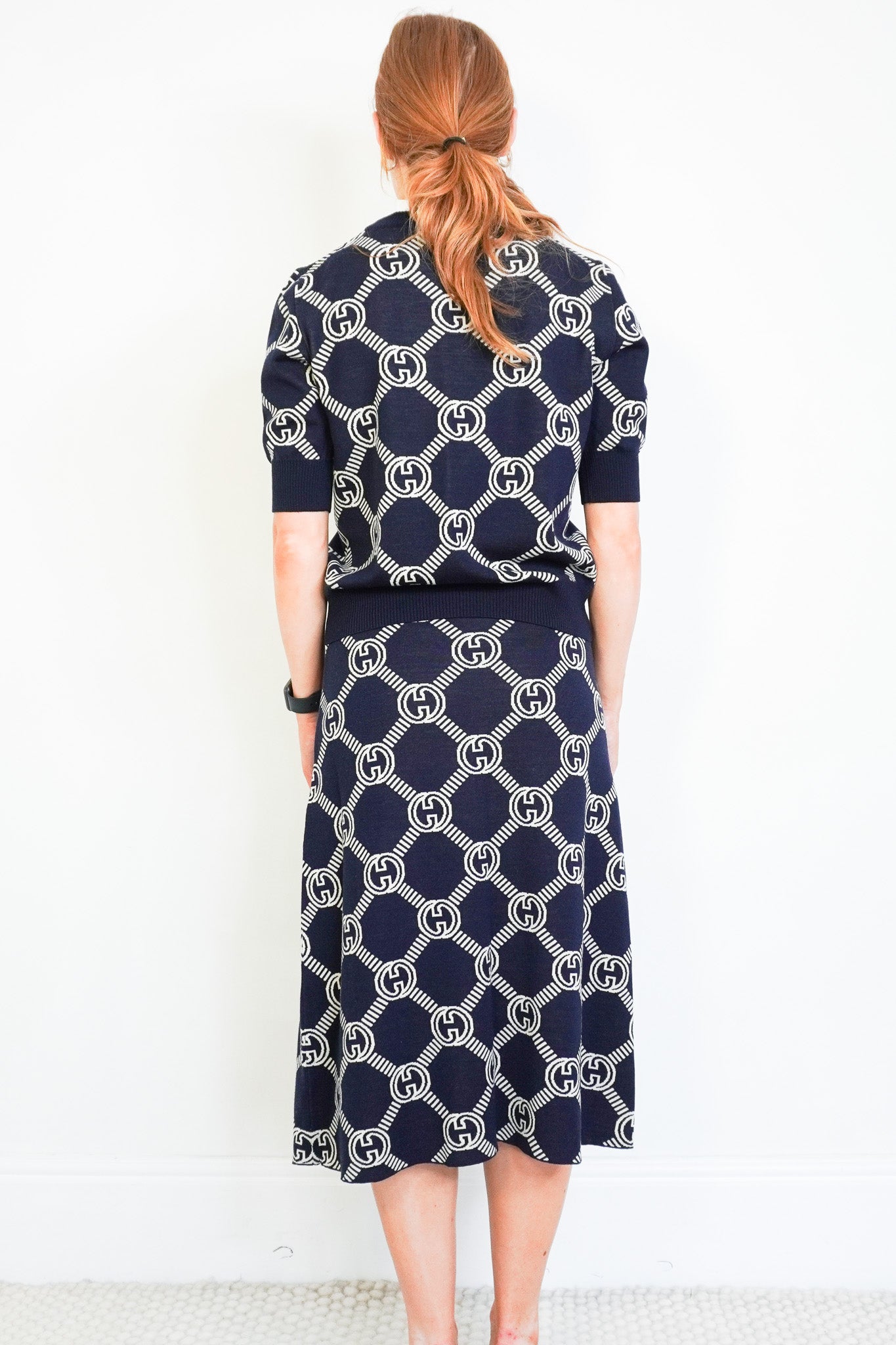 Back Image: Gucci GG Knit Skirt and Jumper Set in Navy