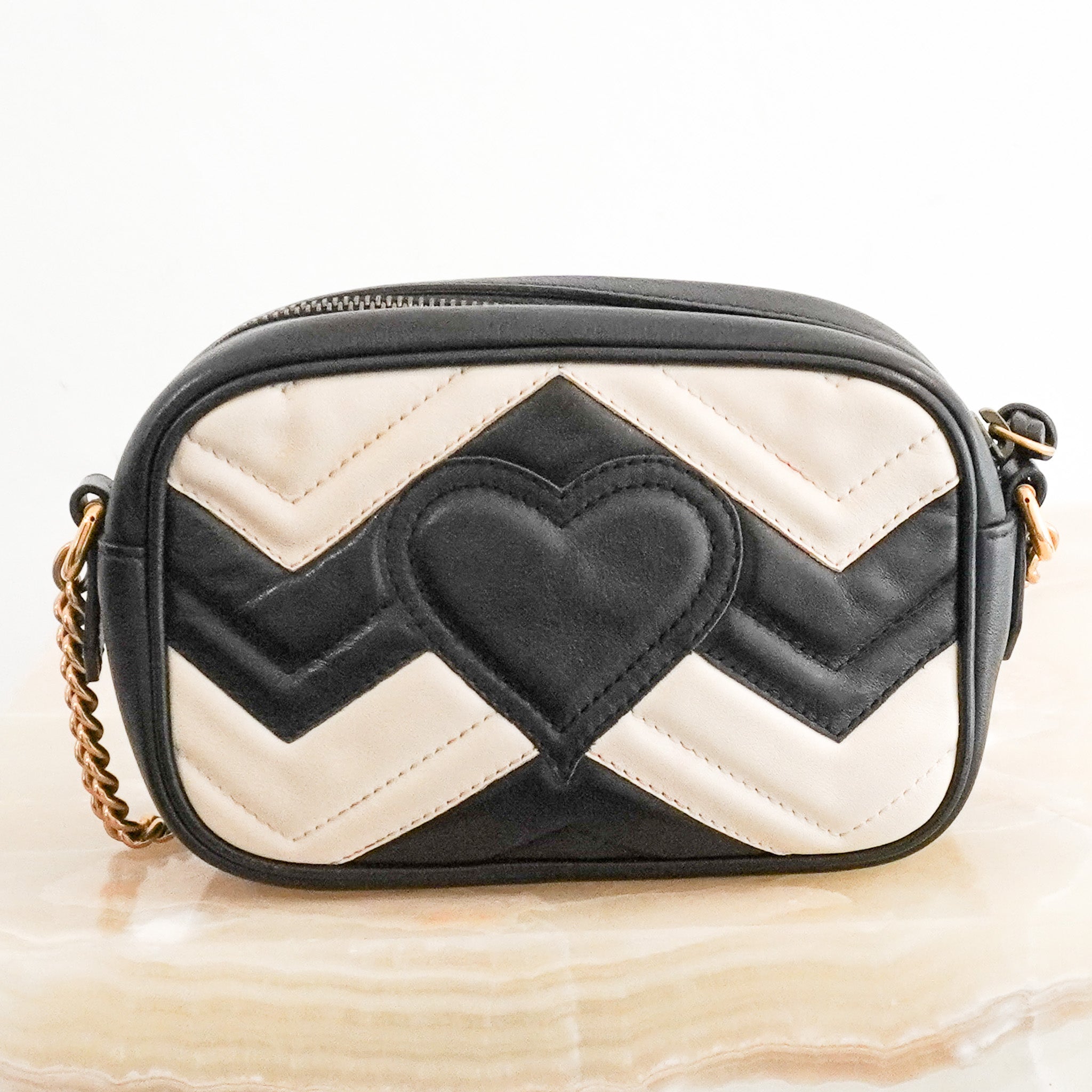 Back Image: Gucci GG Marmont Small Camera Bag in Black and White Chevron