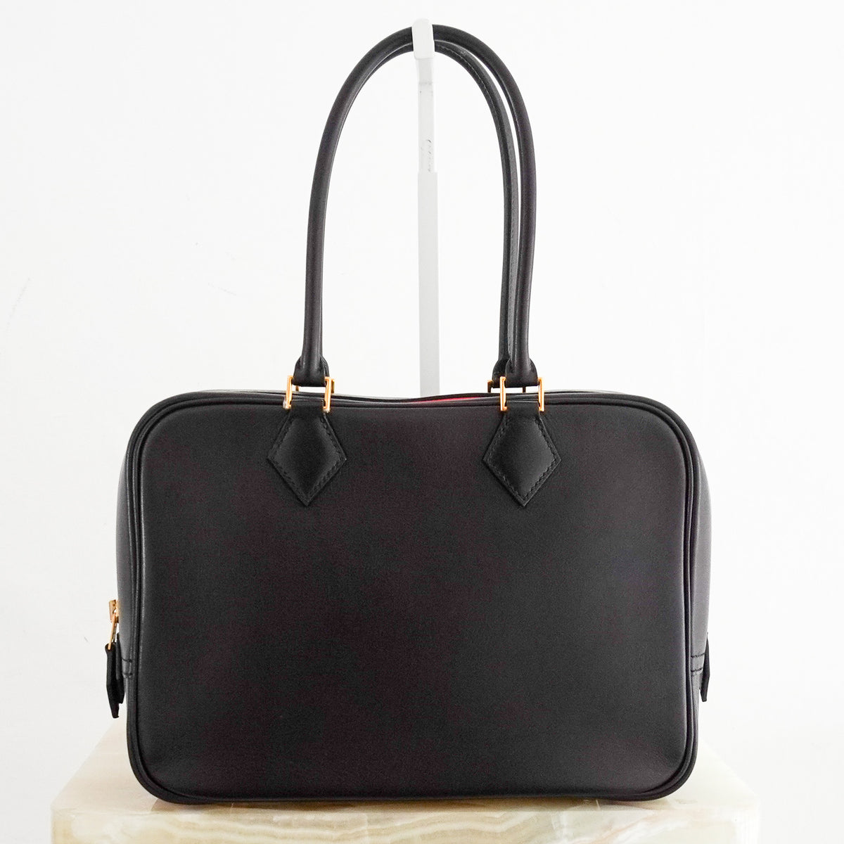 Back Image: Hermes Plume 28 Bag in Calfskin Black Leather Yellow Gold Plate