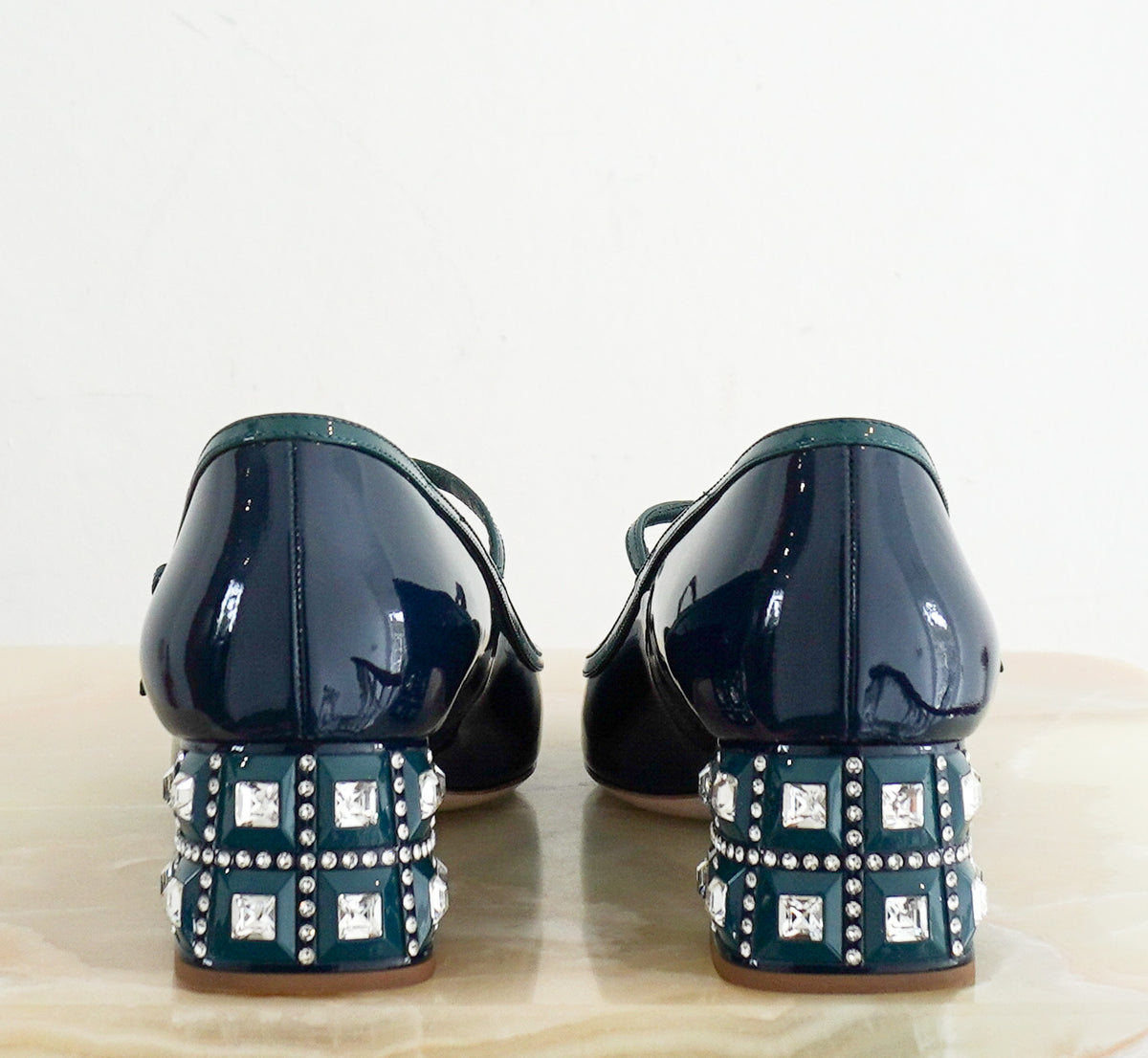 Back Image: Miu Miu Patent Leather Embellished-Heel Mary Jane Shoes