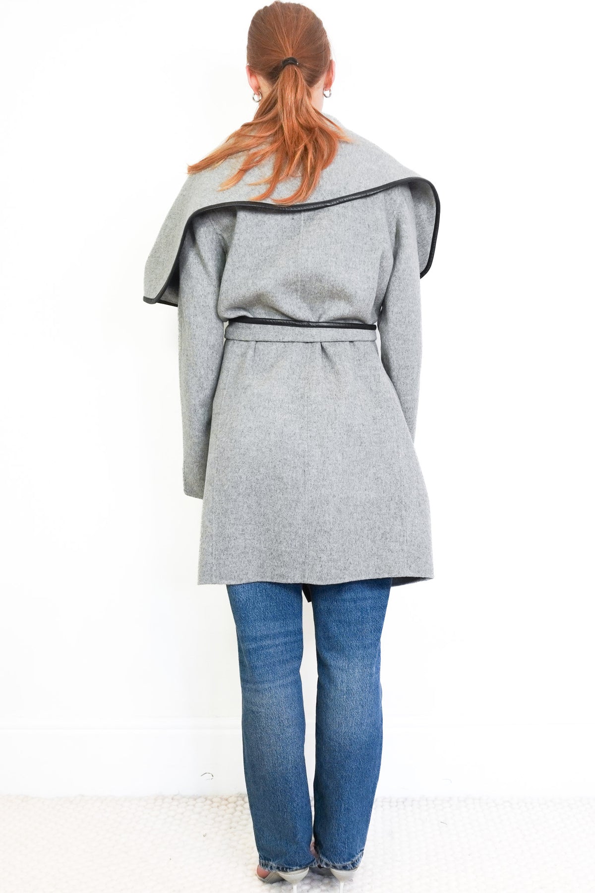 Back Image: Vince Grey Wrap Grey Coat with Leather Trim 