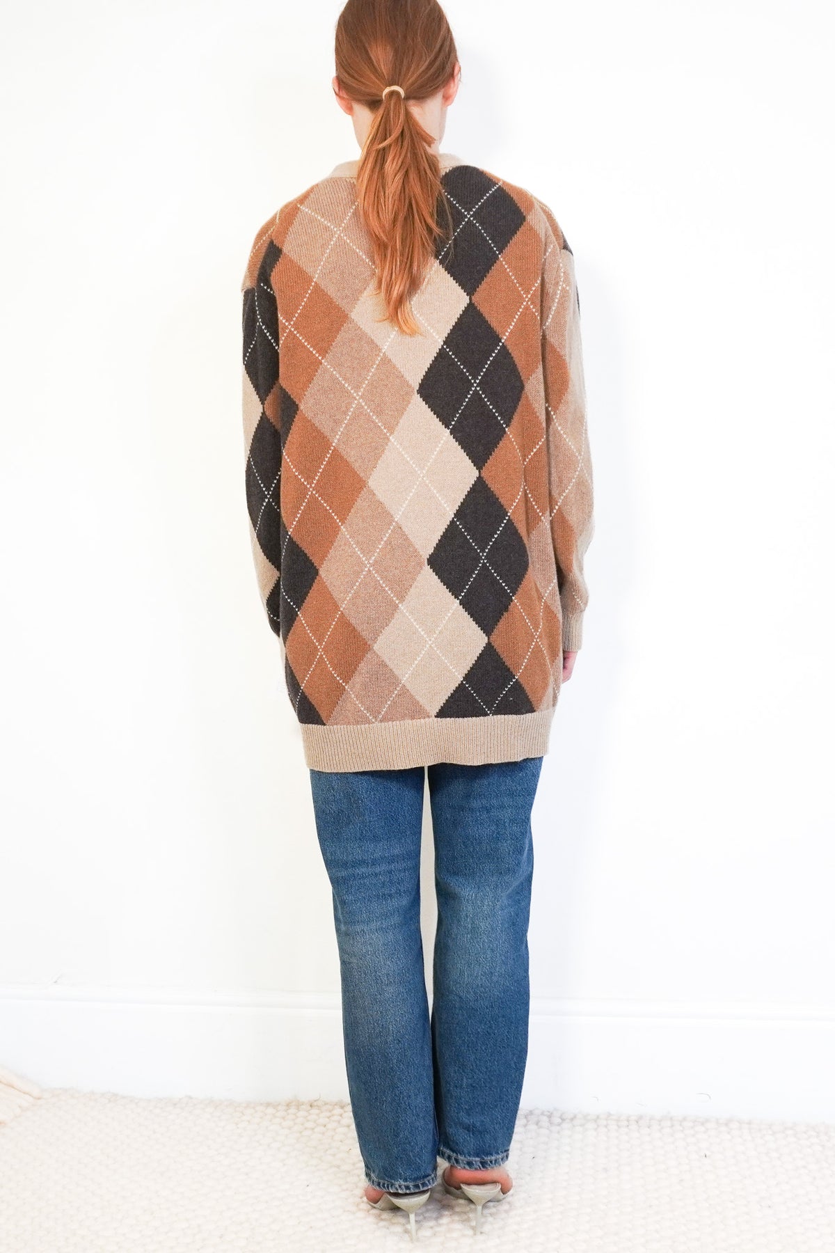 Back: Nili Lotan Sofhie Argyle Cardigan, Cognac & Nutmeg