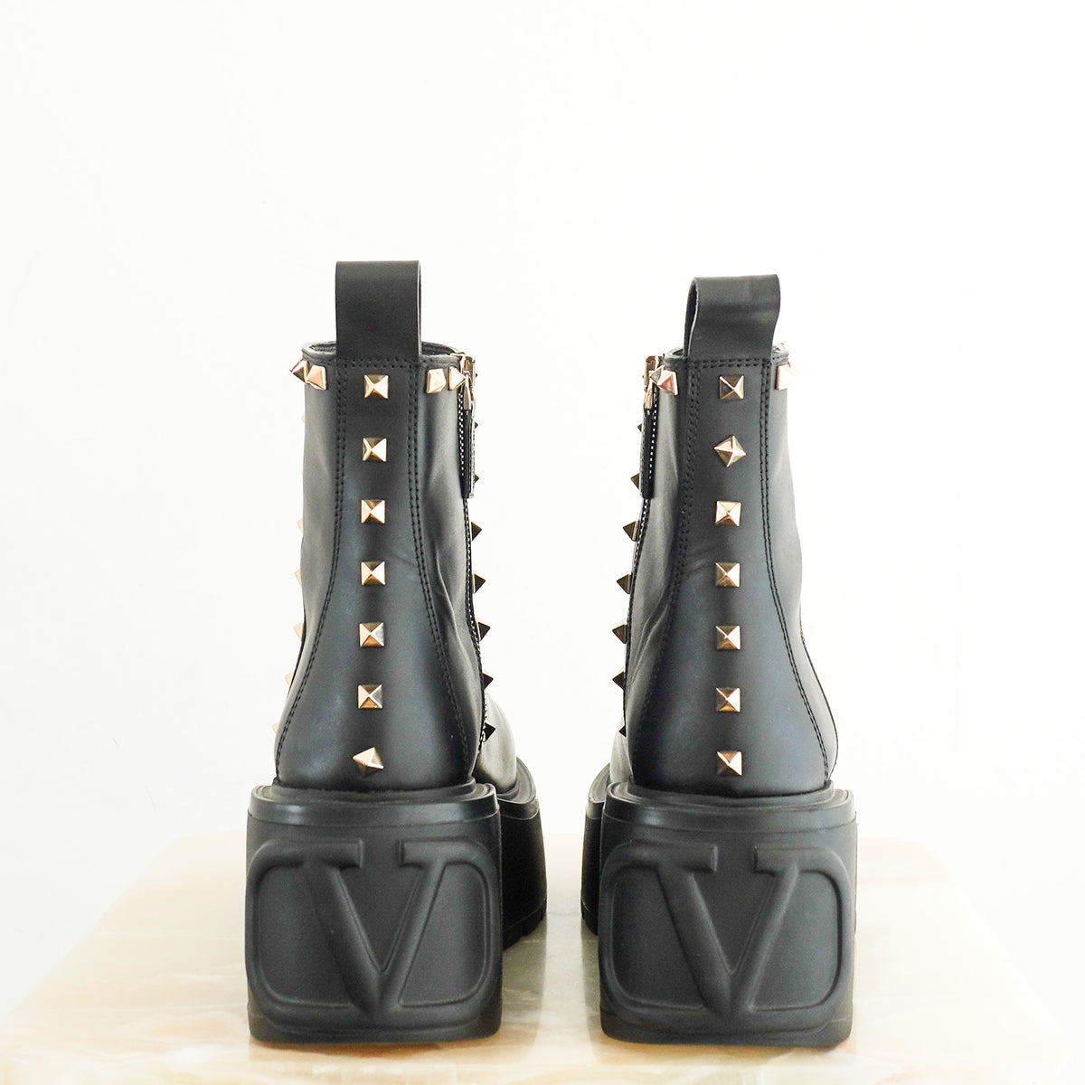 Back: Valentino Garavani Black Leather Rockstud Platform Ankle Boots