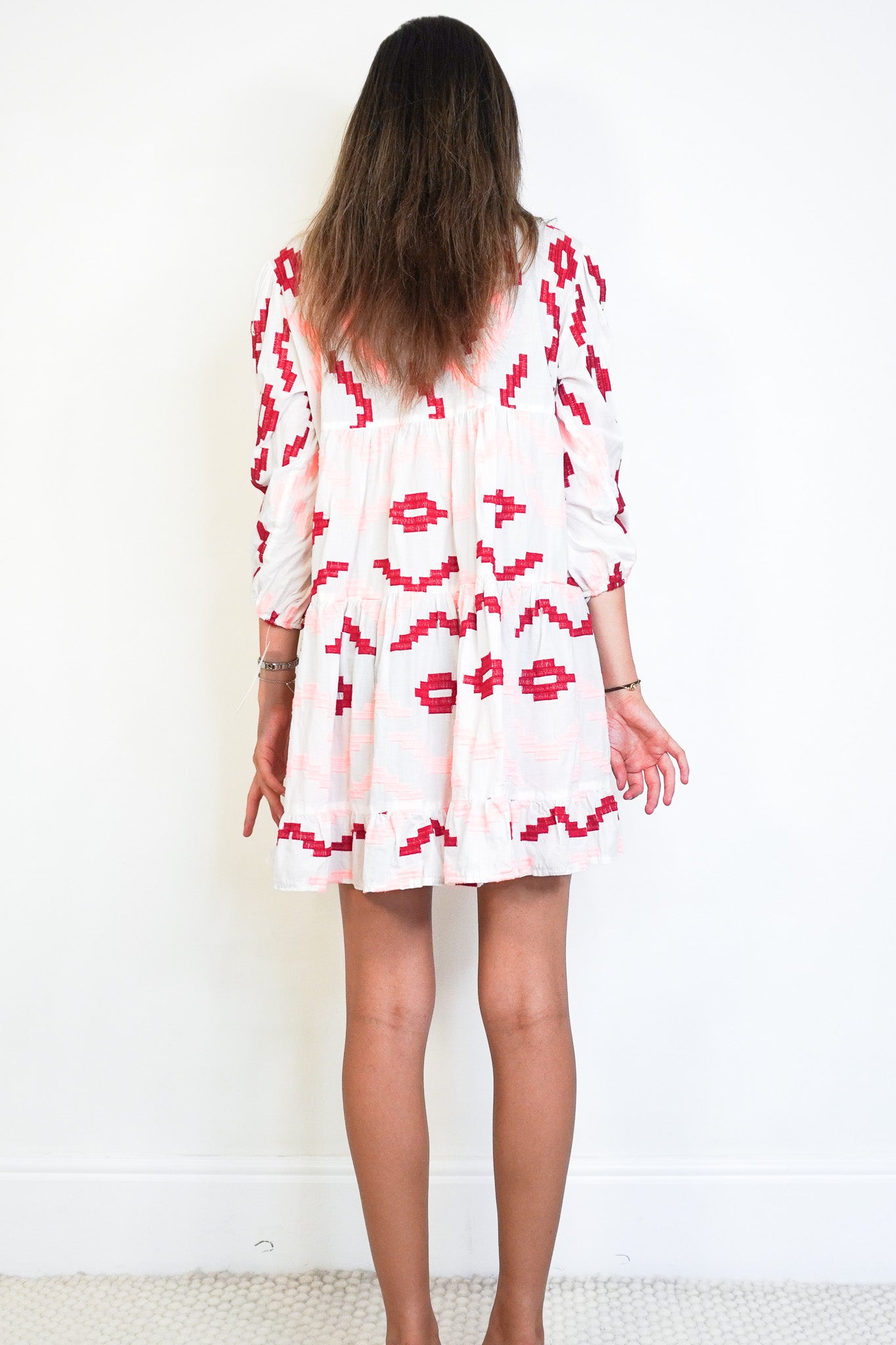 Back image Greek Archaic Kori White & Red Embroidered Dress