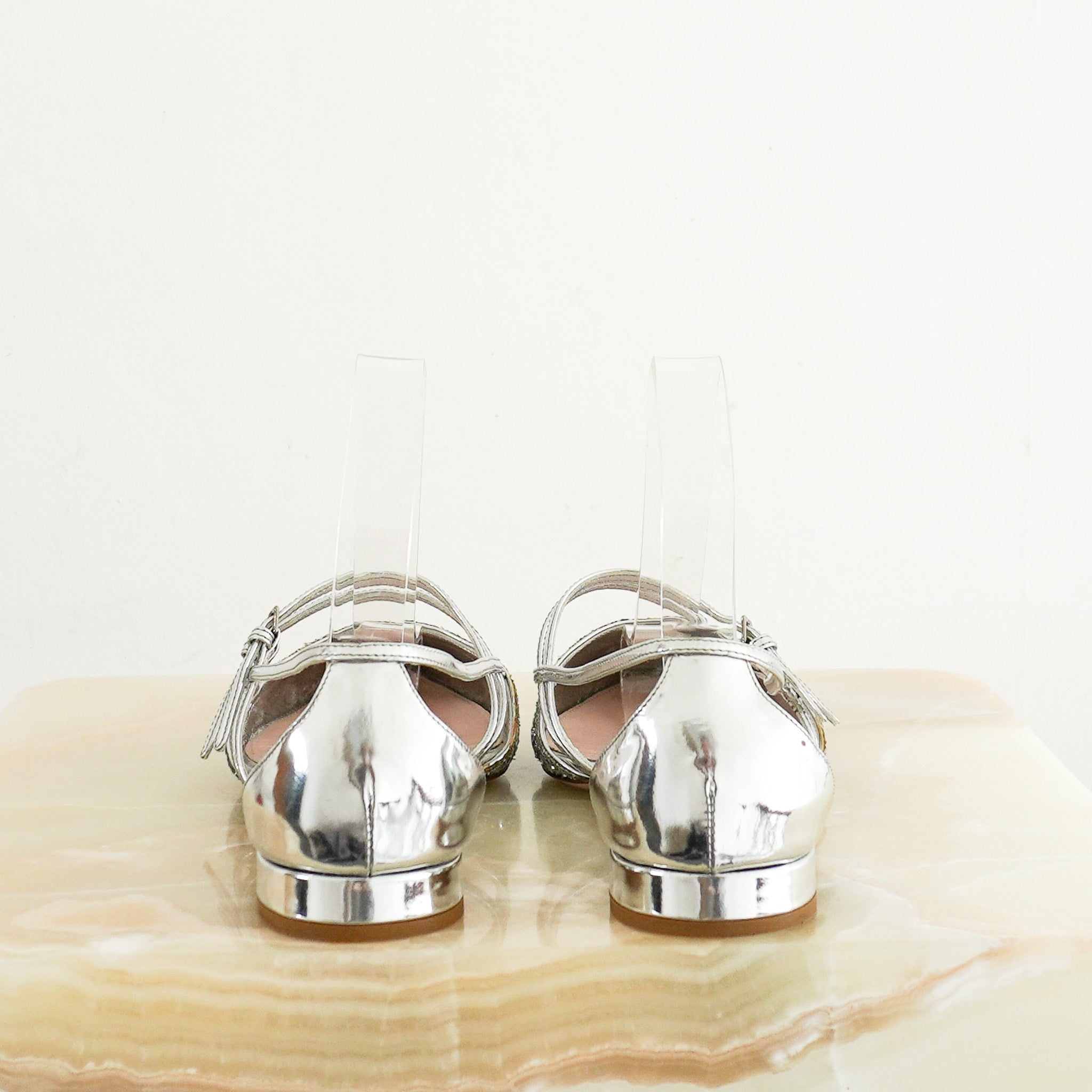 Back image Miu Miu Silver Metallic and Glitter Slingback Flats 