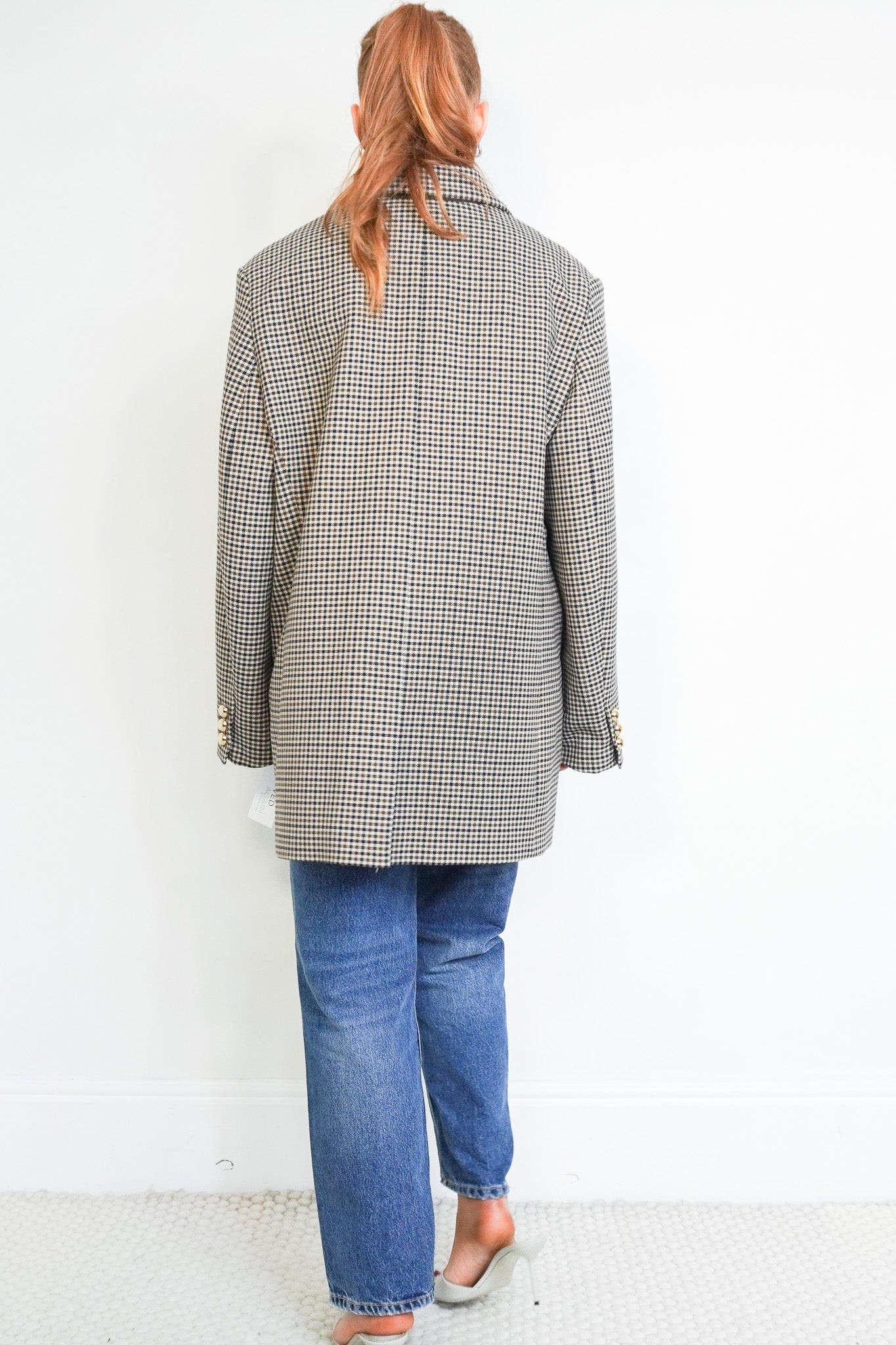 Back image of the Frame Houndstooth Wool Blend Oversized Blazer Jacket Gold Button Detail