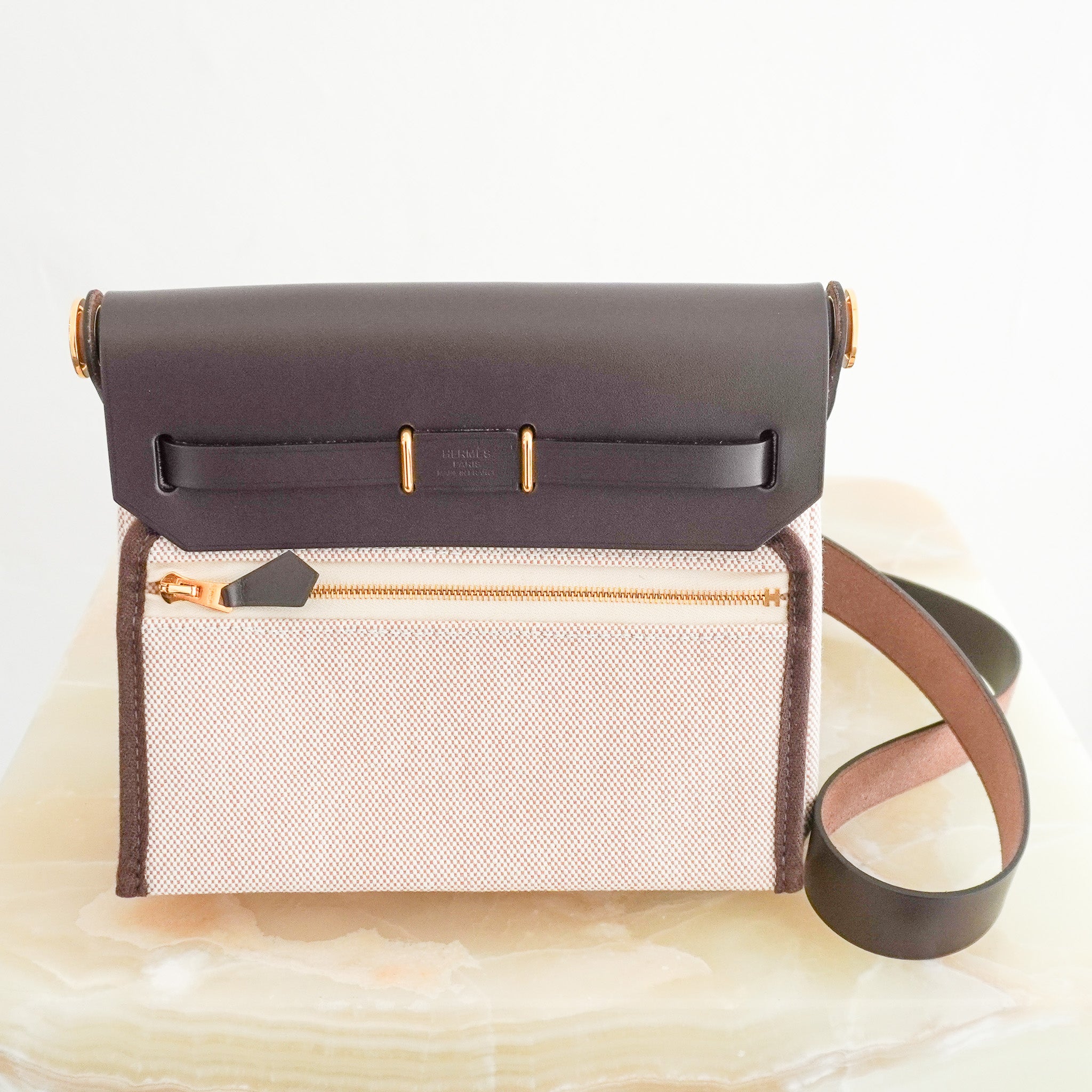 NEW Hermes Mini Herbag 20 in Ebene Vache Leather and Ecru Canvas | Authentic Preloved - Reloved Again