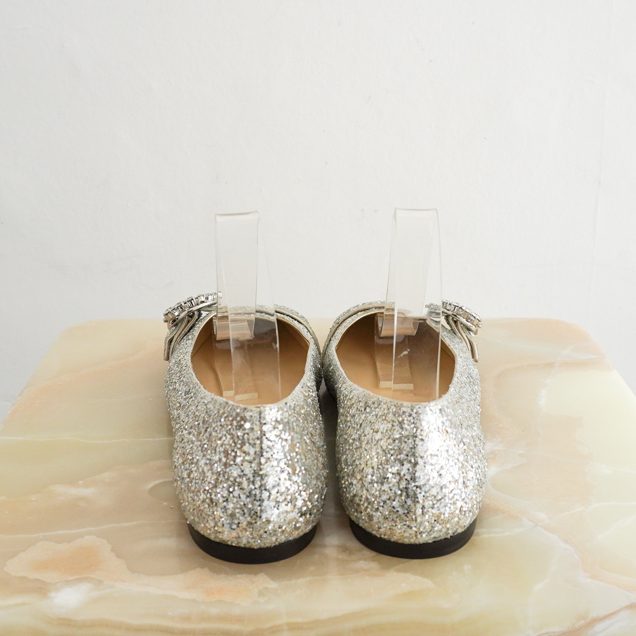 immy Choo Loli Silver Coarse Glitter Ballet Flats RRP £700 | Authentic Preloved - Reloved Again