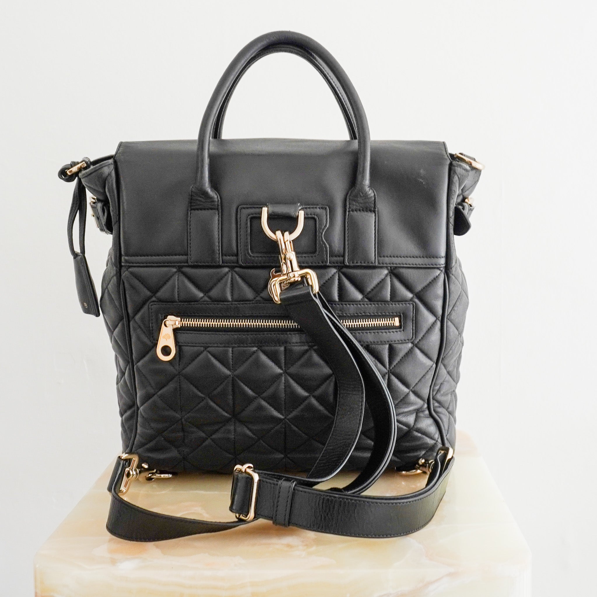 Back image of the Mulberry Black Cara Delevigne Quilted Leather Backpack