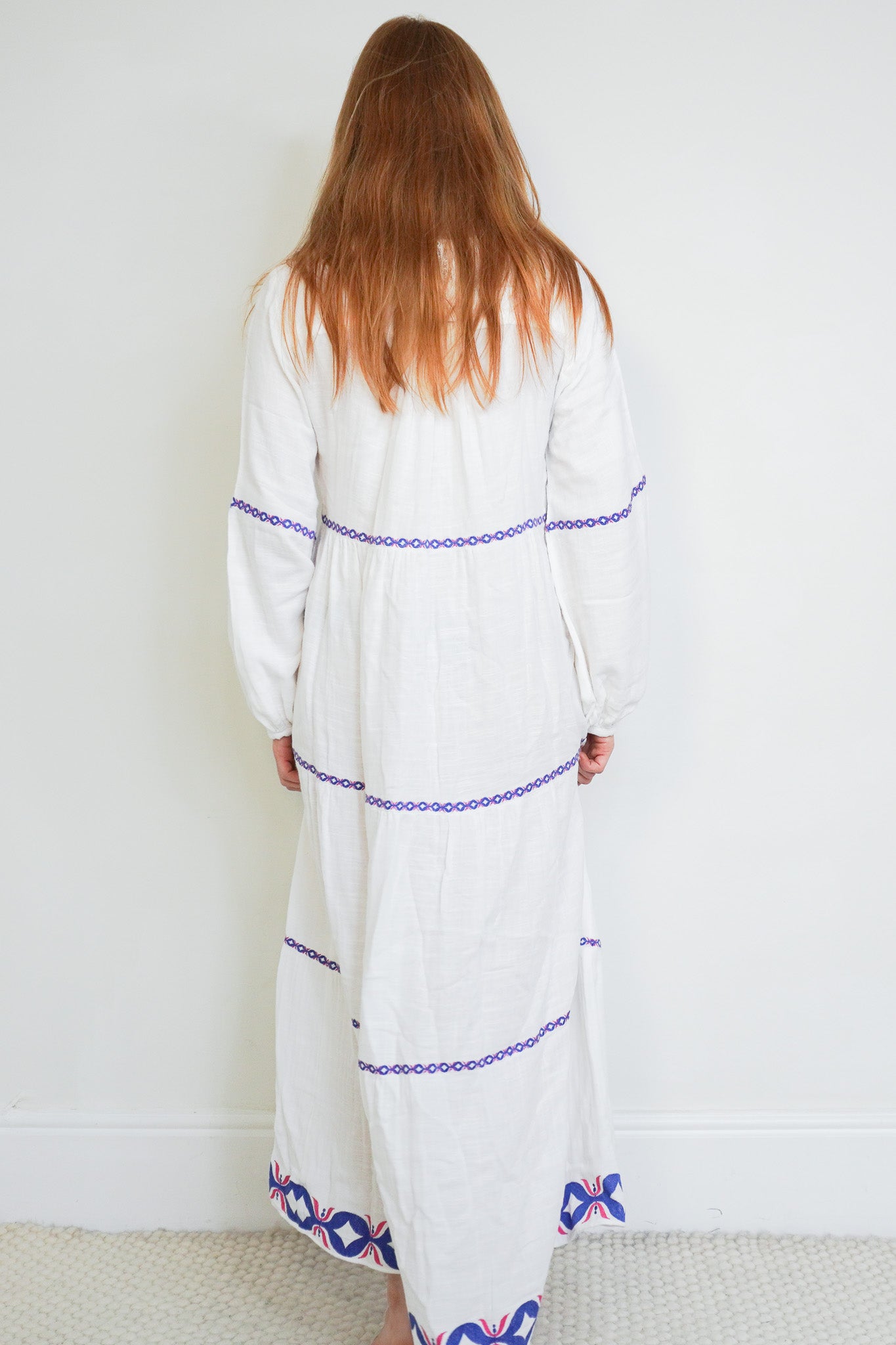 Back image of the Rae Feather Blue and Pink Embroidered Dress