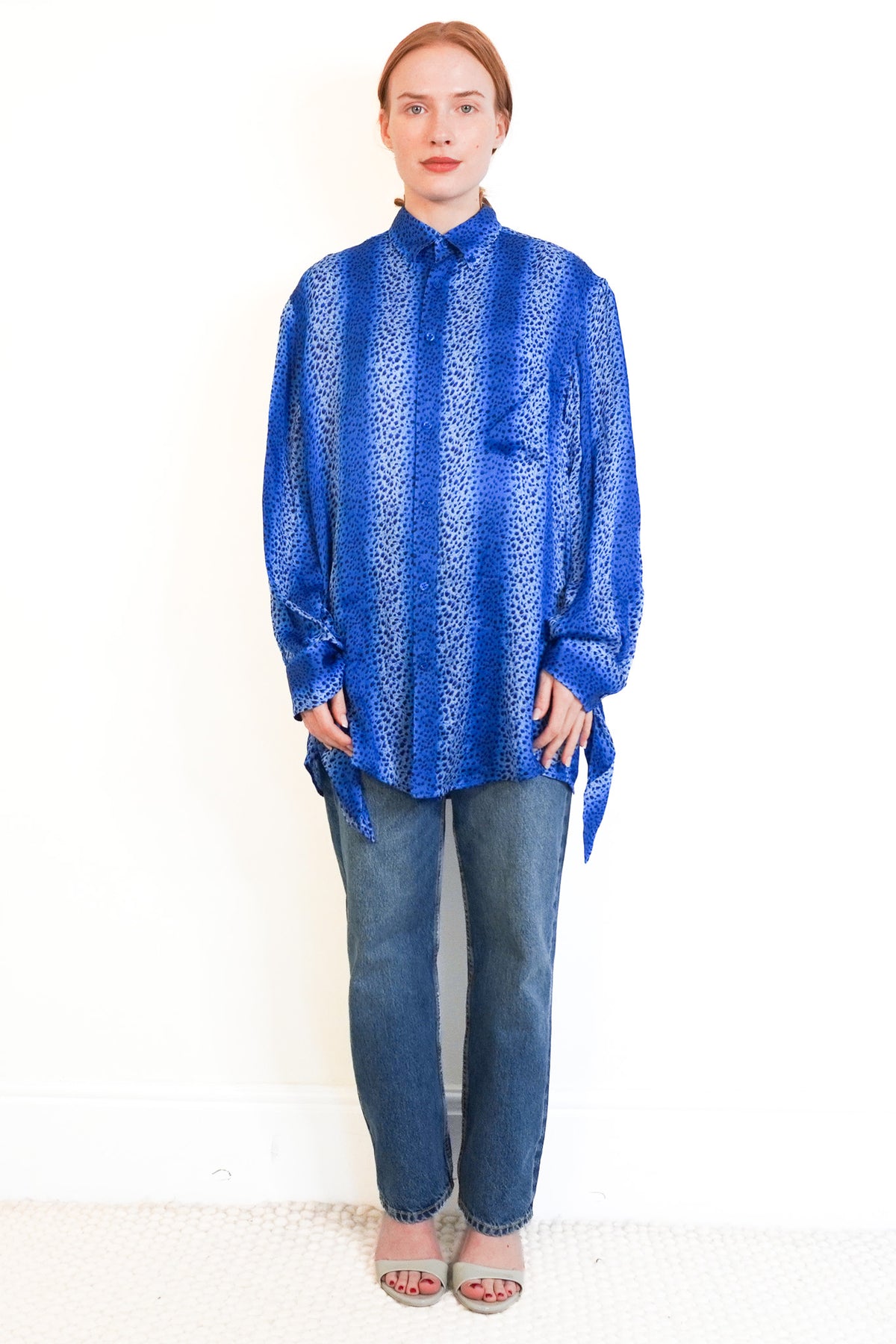 Balenciaga Blue Animal Print Silk Blouse Front