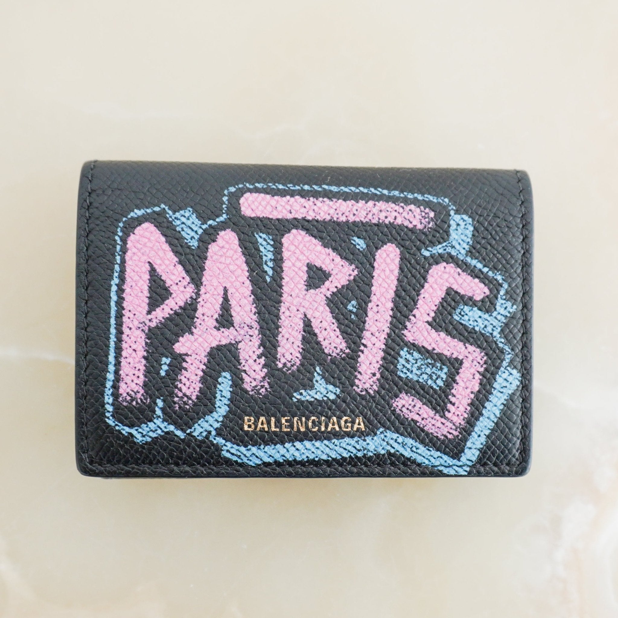 Balenciaga Paris Graffiti Paper Mini Trifold Wallet Black Leather (RRP